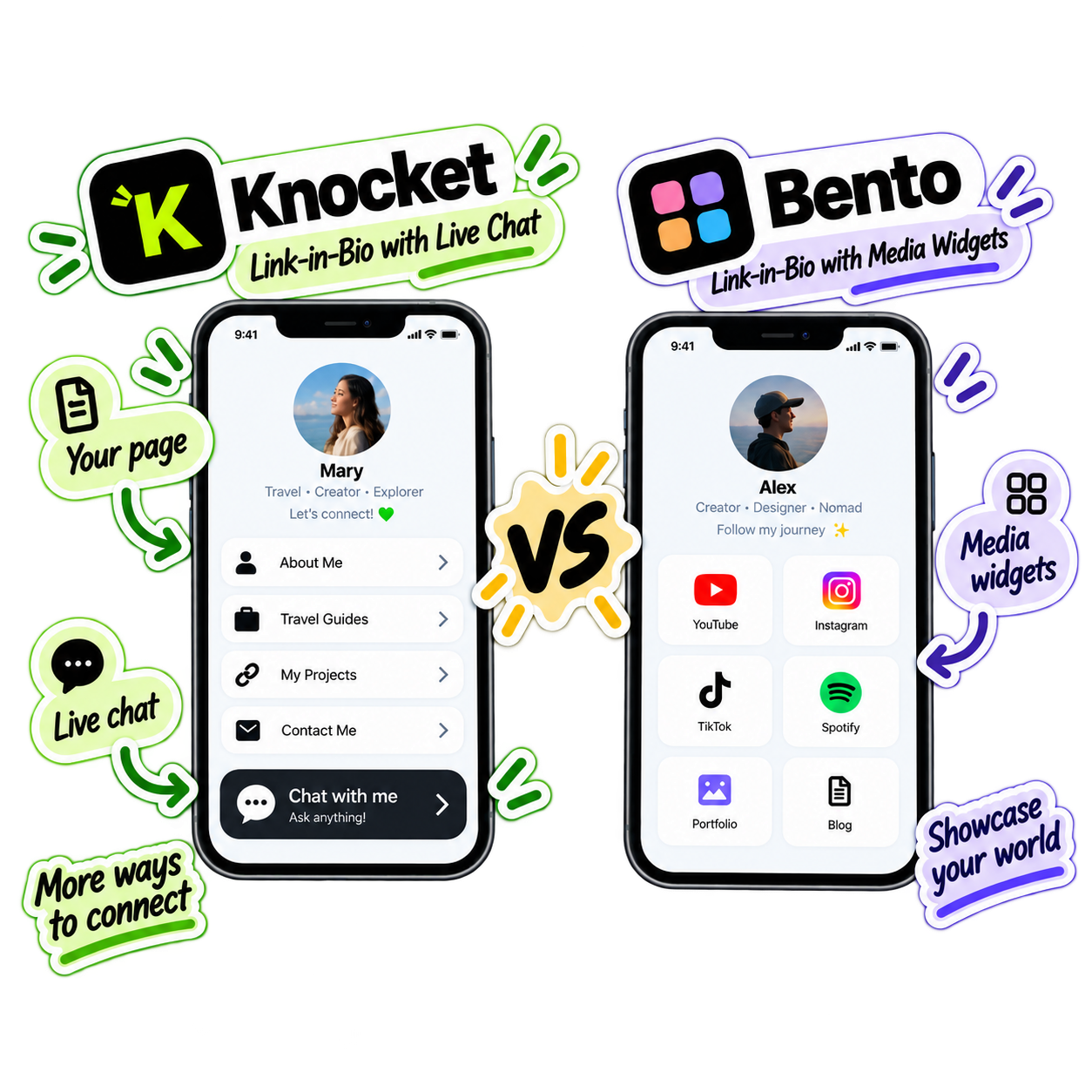 Knocket 与 Bento — 个人主页链接对比
