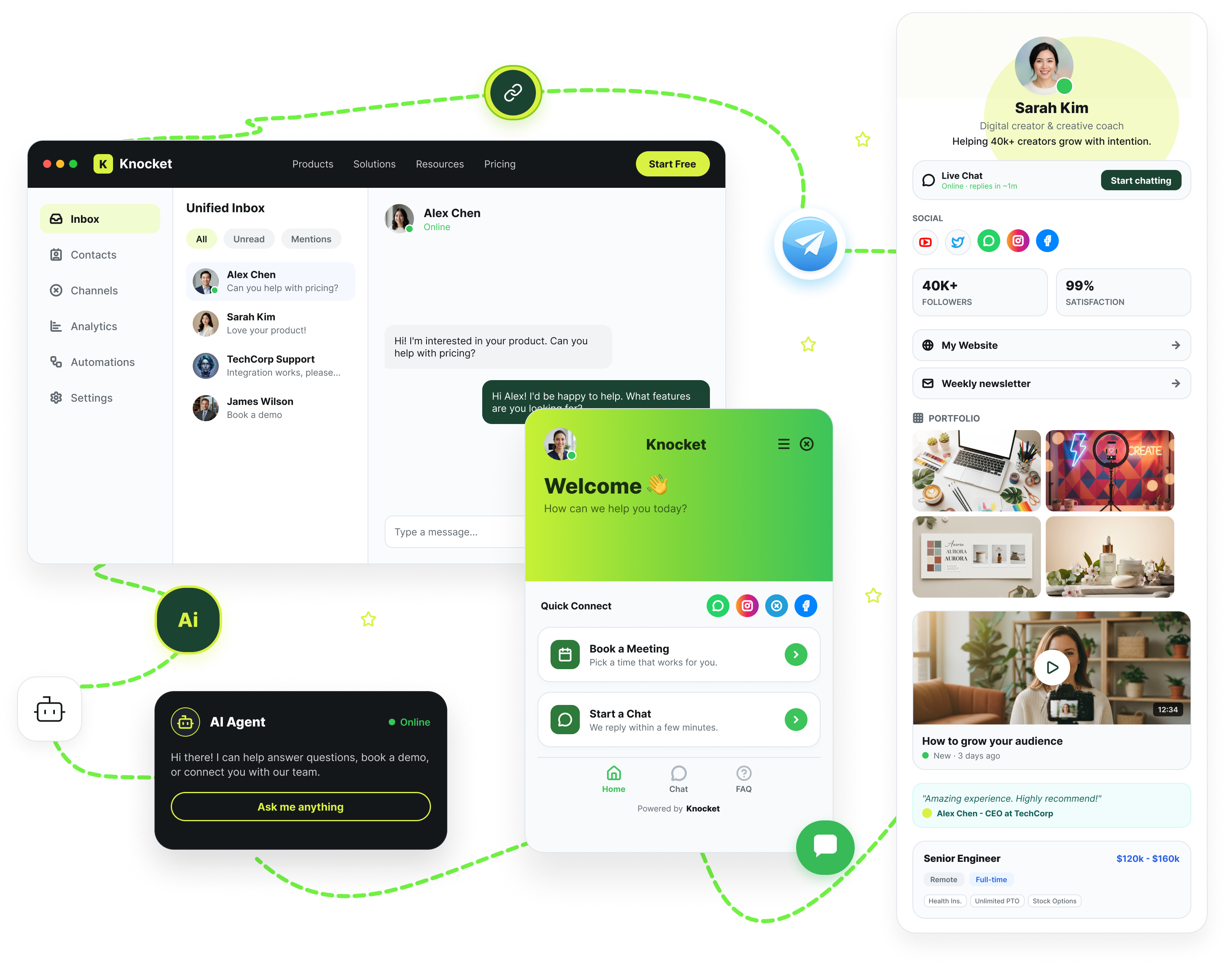 Knocket unified inbox, contact page, widget, Telegram, and AI agent overview