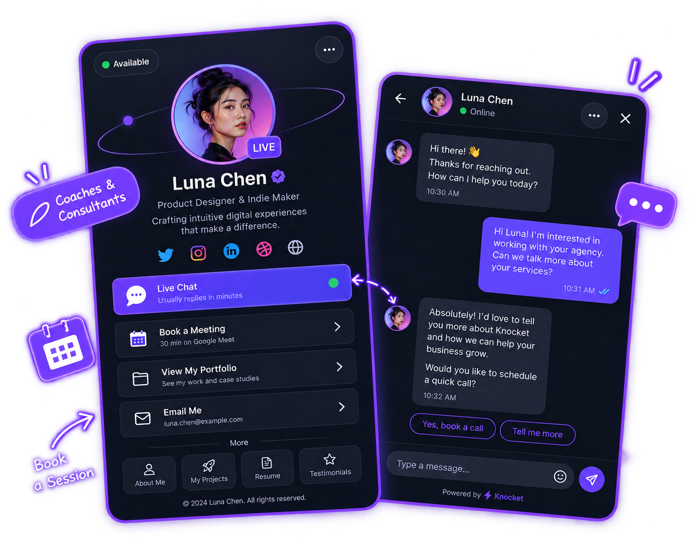 Knocket 面向机构——面向客户的接待聊天，包含案例研究和推荐信