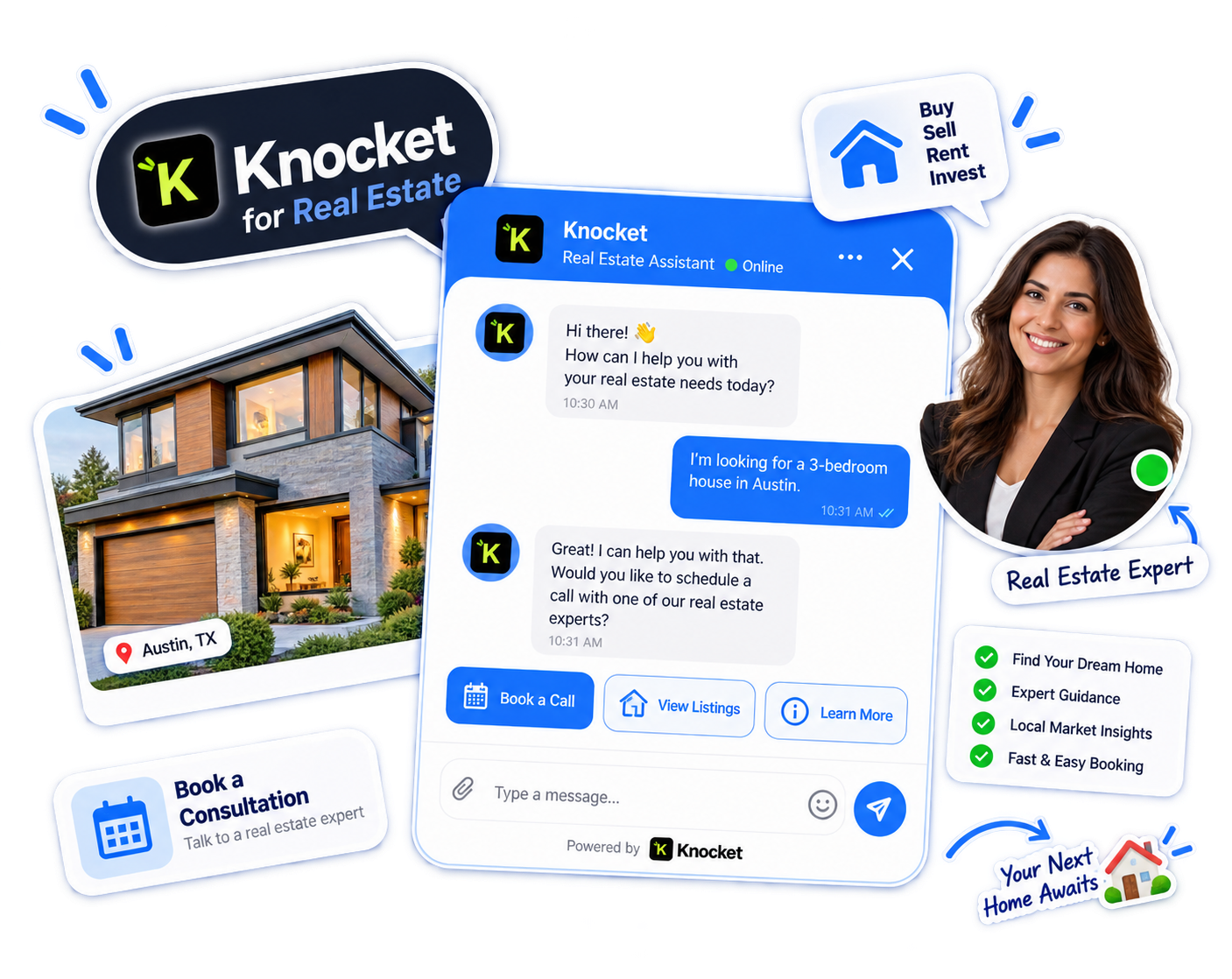 Knocket 房地产版 —— 带有房源和专家头像的助手聊天