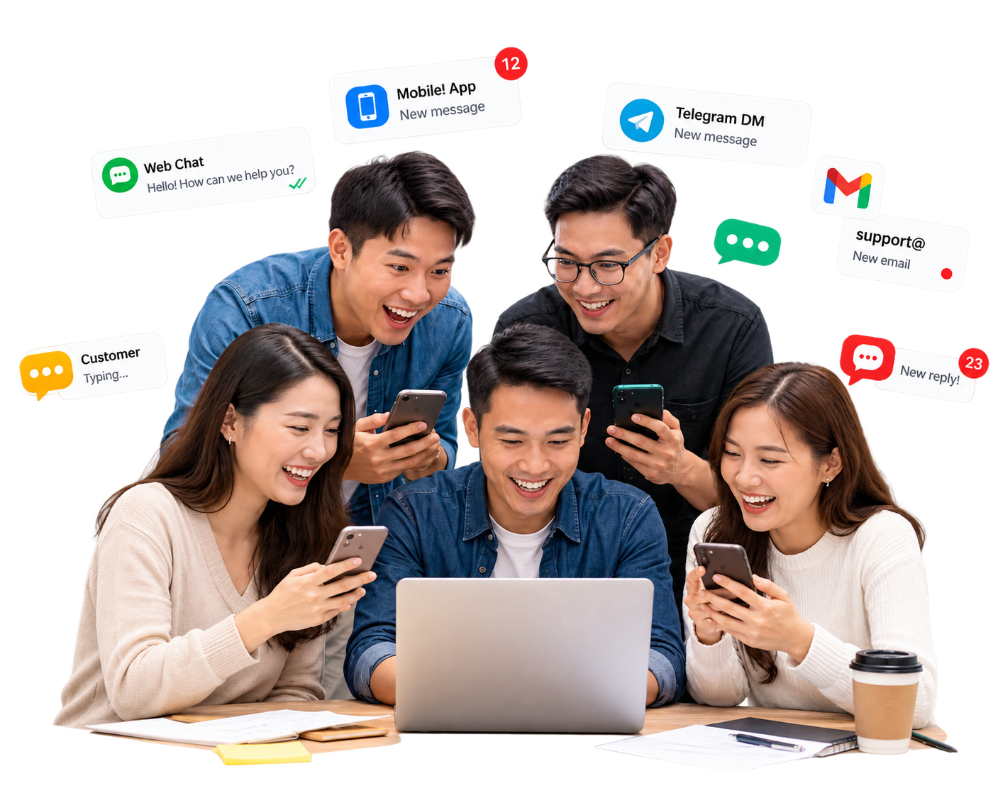 Knocket 小团队版——团队围着一台笔记本电脑，接收来自网页聊天、移动应用、Telegram 和电子邮件的通知
