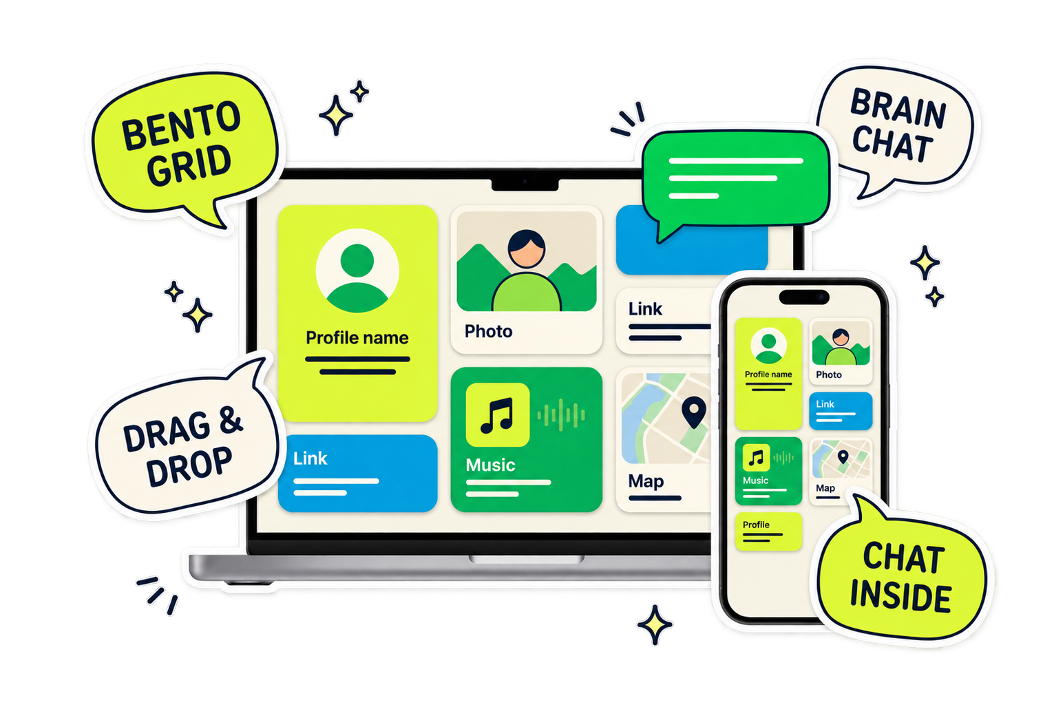Bento-style personal page with a built-in live chat bubble