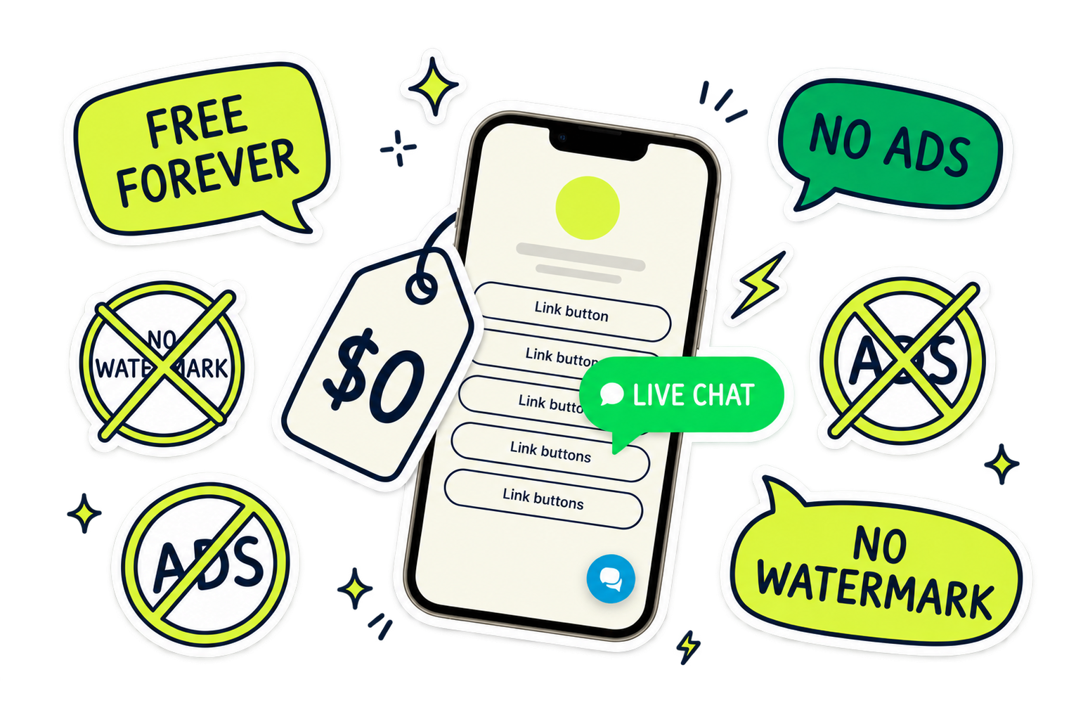 Free forever bio link page with no ads and a live chat bubble