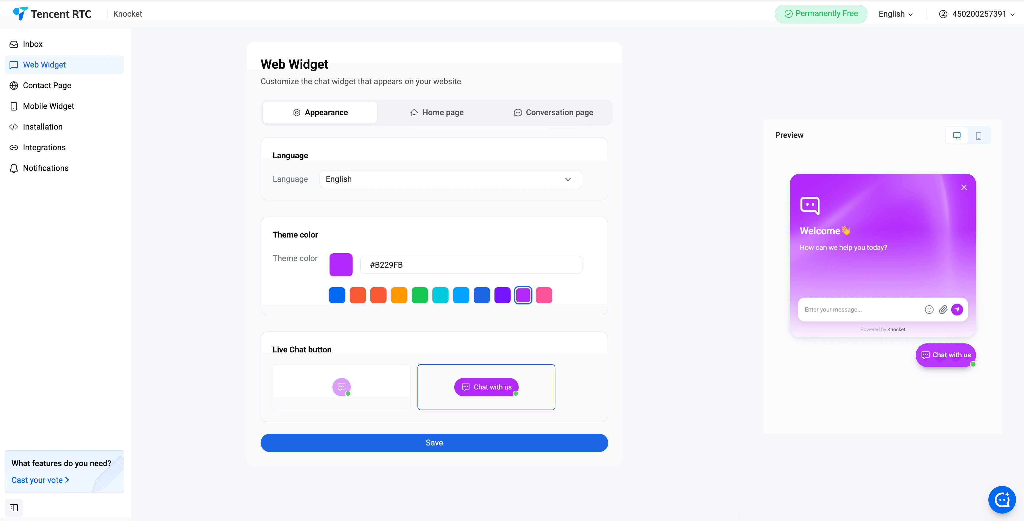 Web Widget — editing theme color, logo, and avatar in the Knocket console