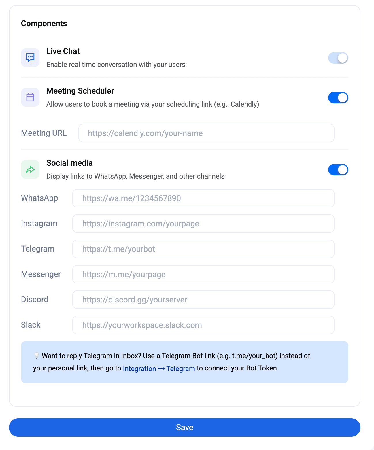 Web Widget — configuring social channel links on the home page