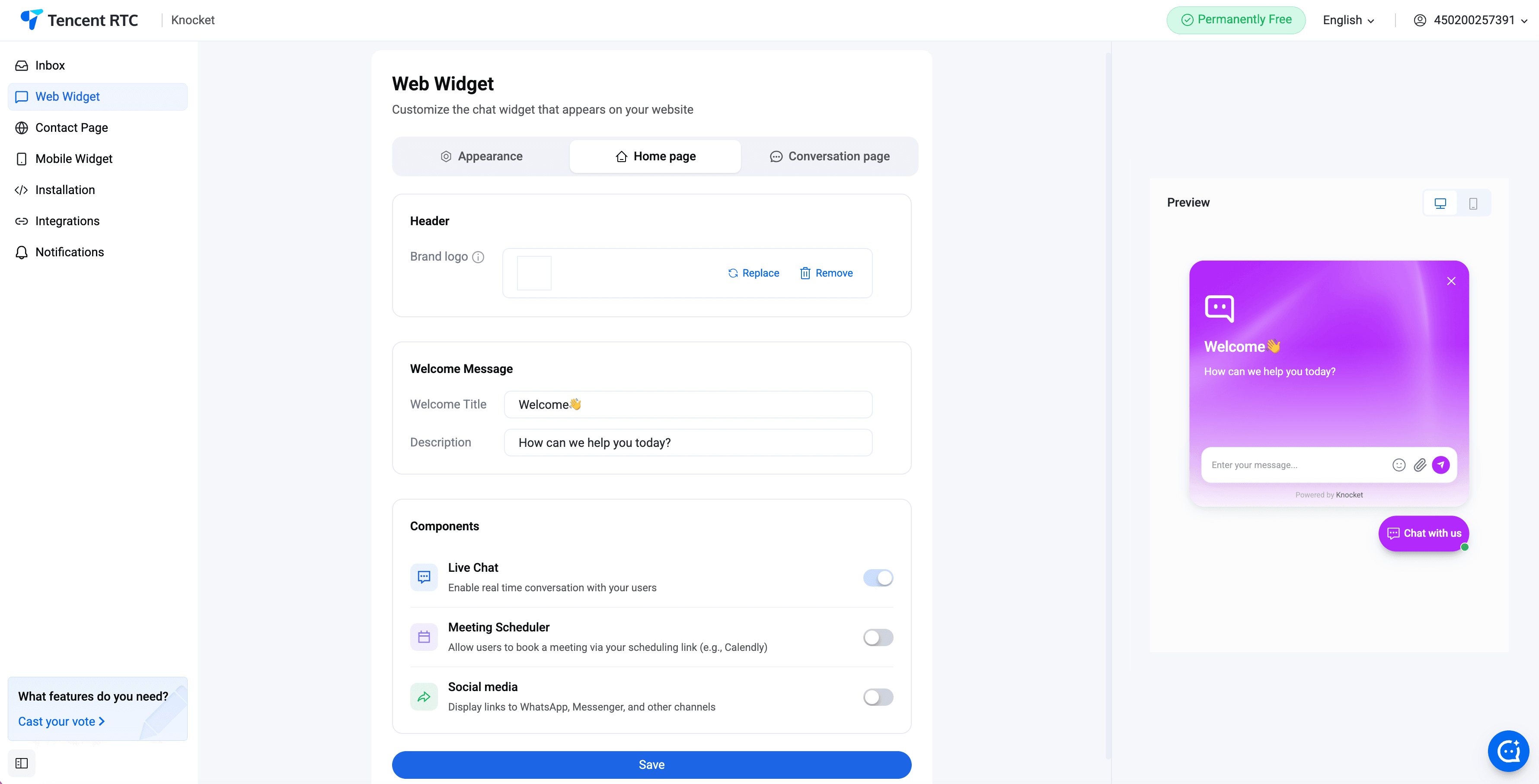 Web Widget — editing welcome header and welcome message
