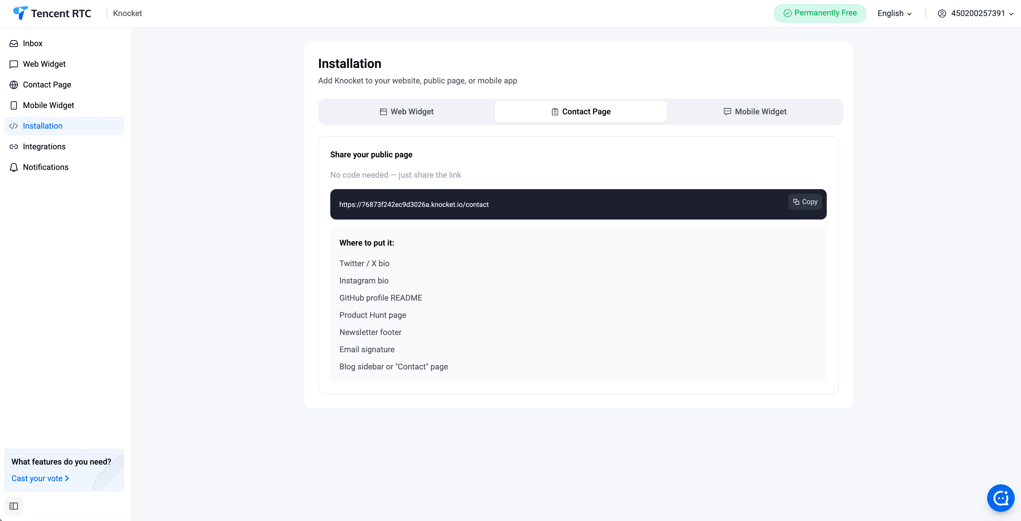 Contact Page — Installation panel showing the shareable URL