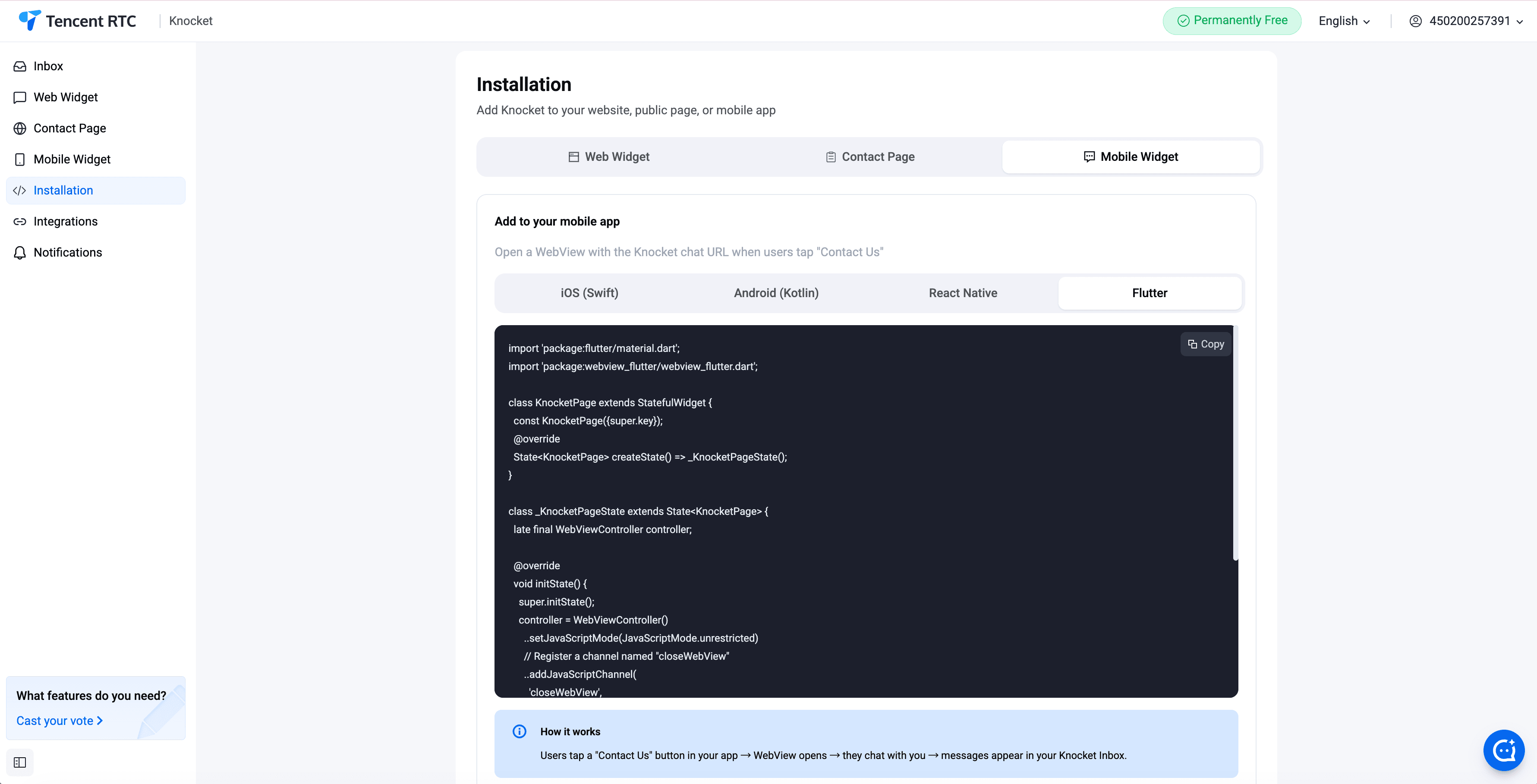 Mobile Widget — Flutter installation instructions in the console