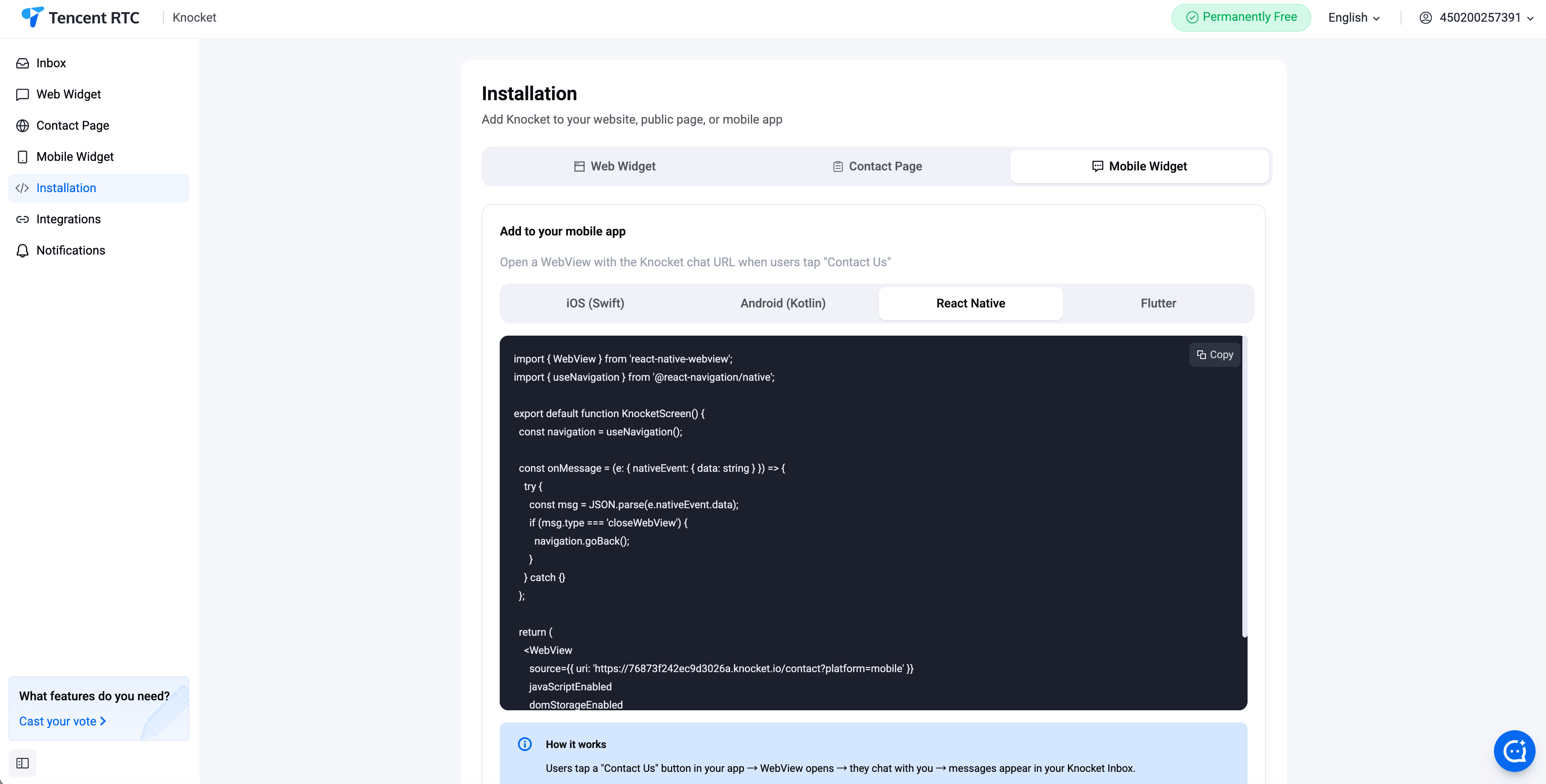 Mobile Widget — React Native installation instructions in the console