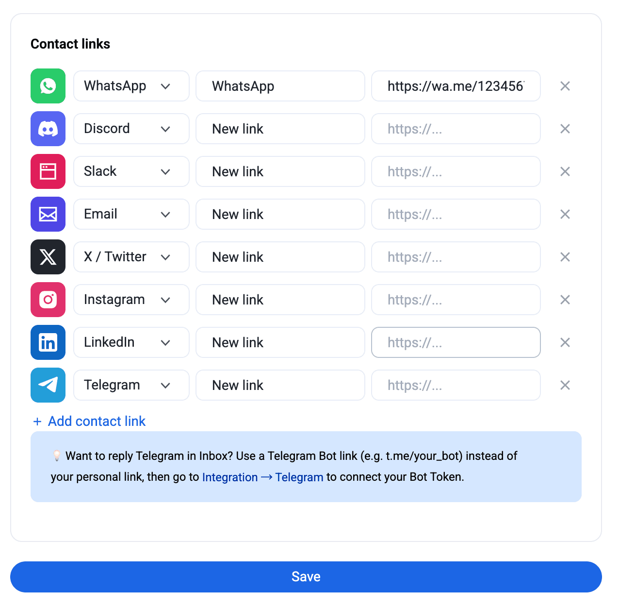 Contact Page — filling in contact channel links (WhatsApp, Discord, Slack, Email, X, Instagram, LinkedIn, Telegram)