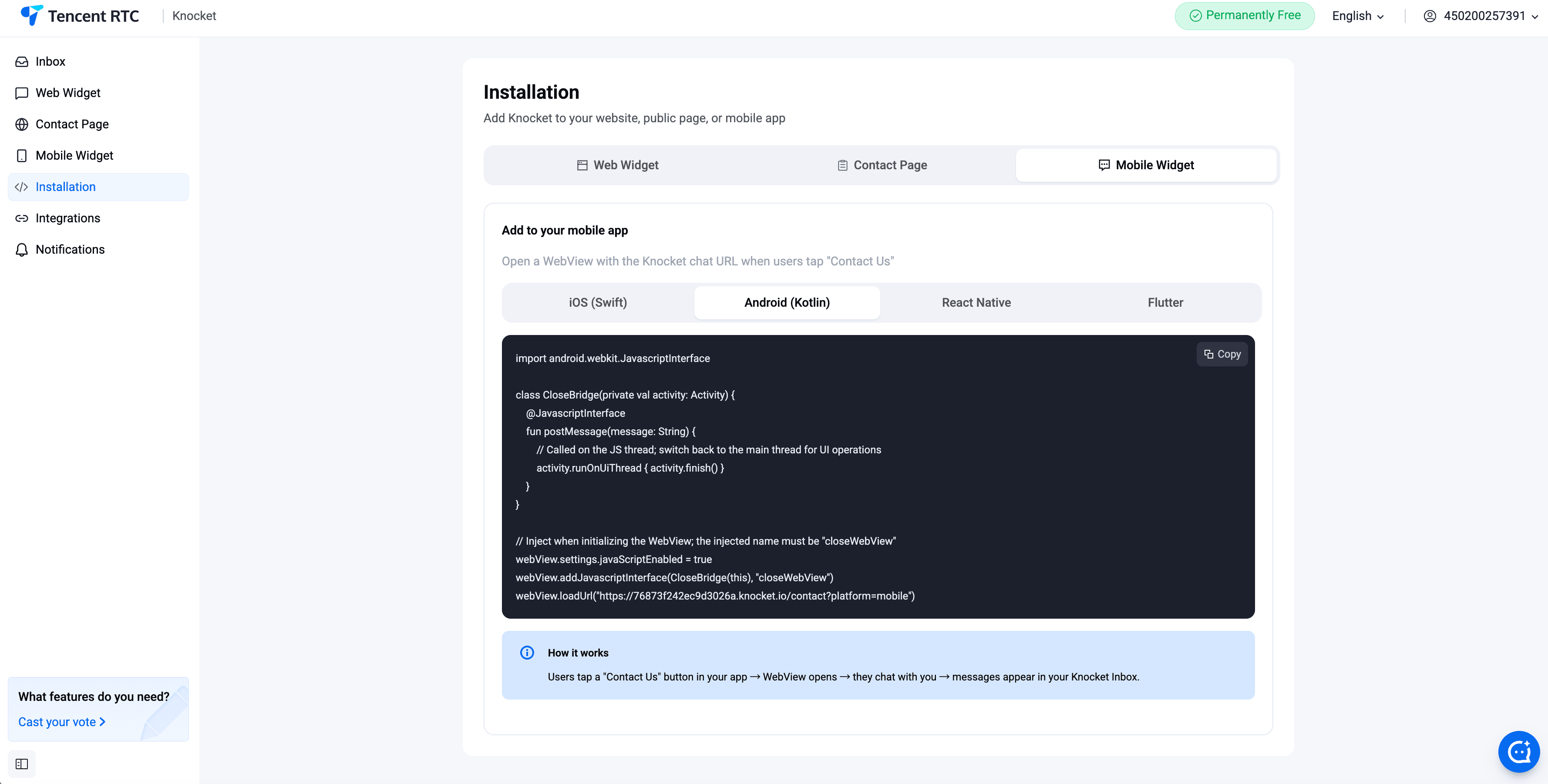 Mobile Widget — Android installation instructions in the console