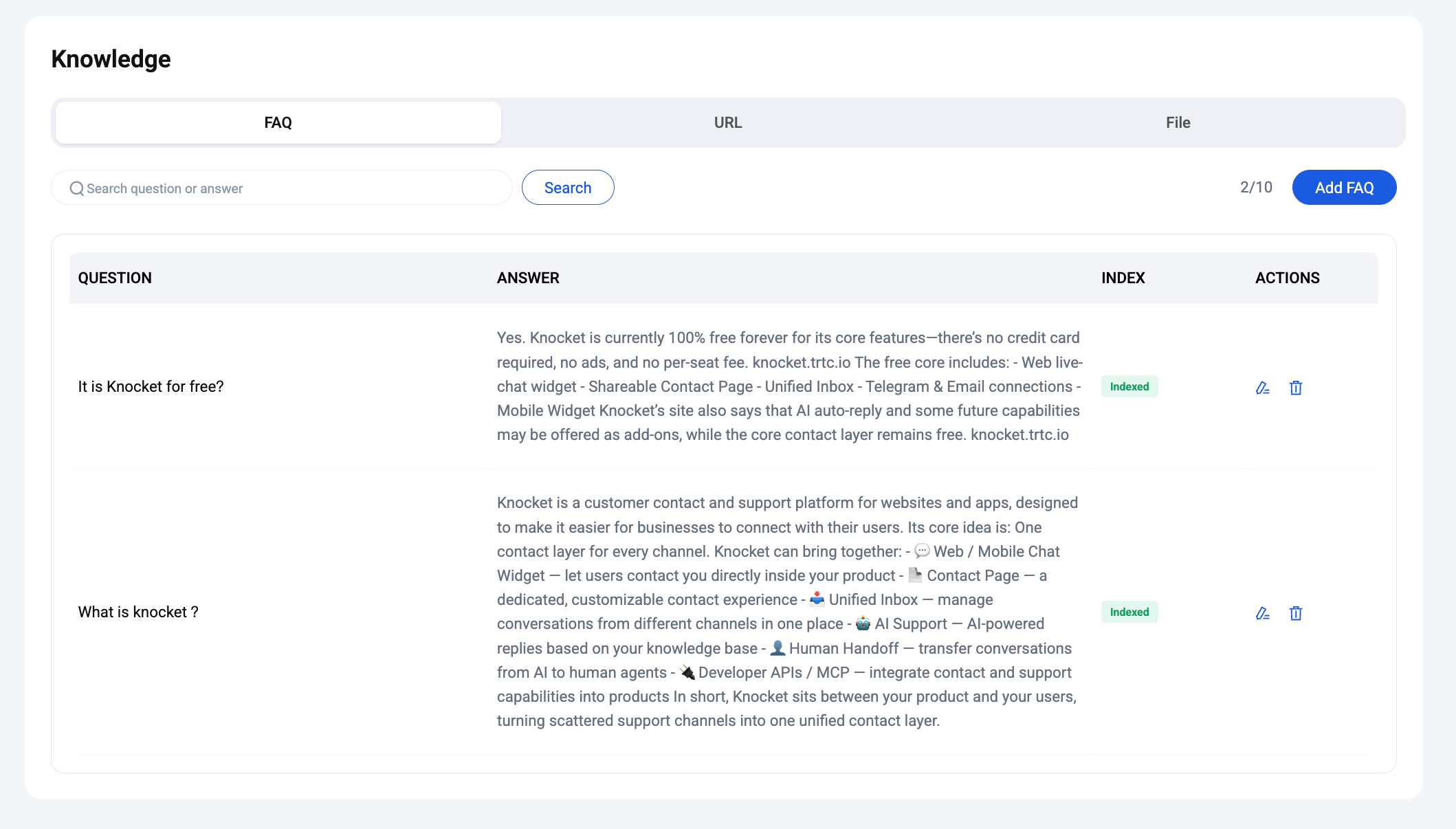 Knowledge page — FAQ tab active, with Search bar, Add FAQ button, and two indexed rows: 'Is Knocket for free?' and 'What is knocket?'