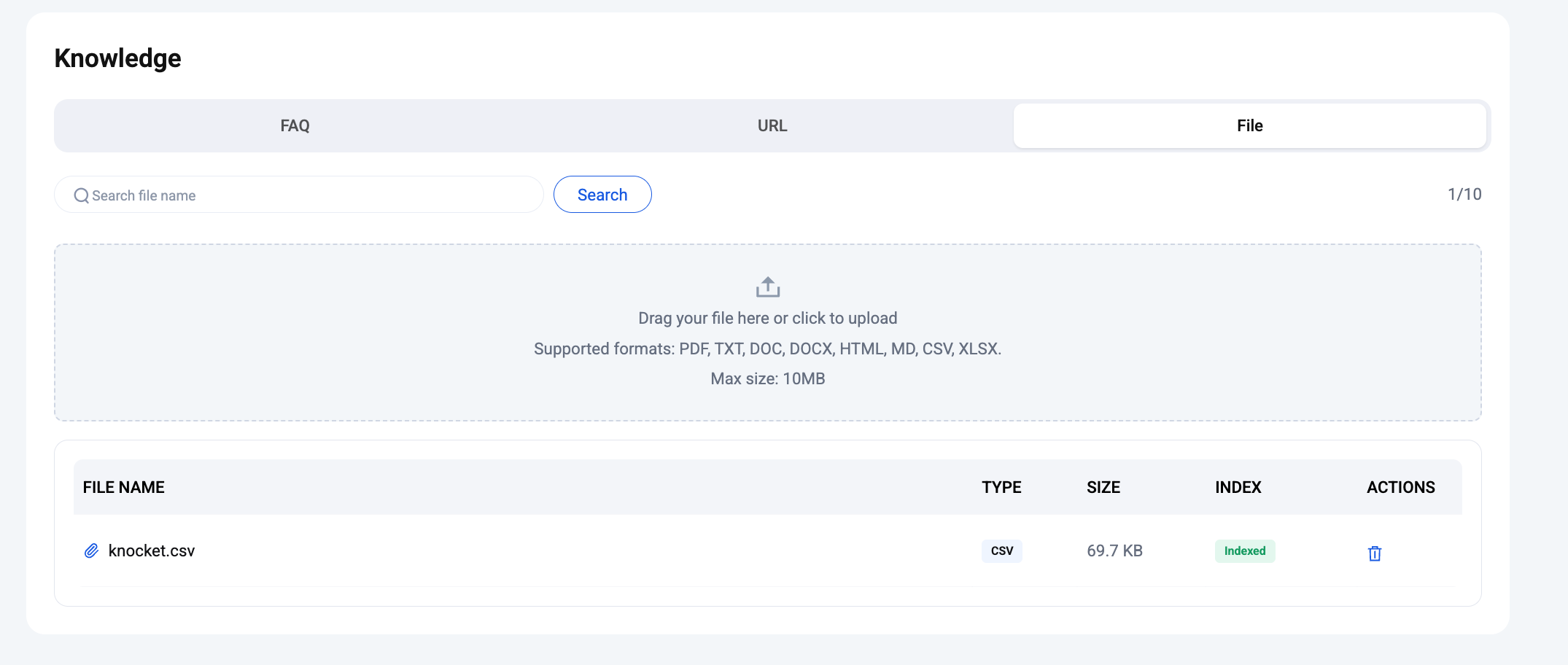 Knowledge page — File tab active, with drag-drop upload area, supported formats (PDF, TXT, DOC, DOCX, HTML, MD, CSV, XLSX), 10MB limit, and an indexed knocket.csv file at 69.7 KB