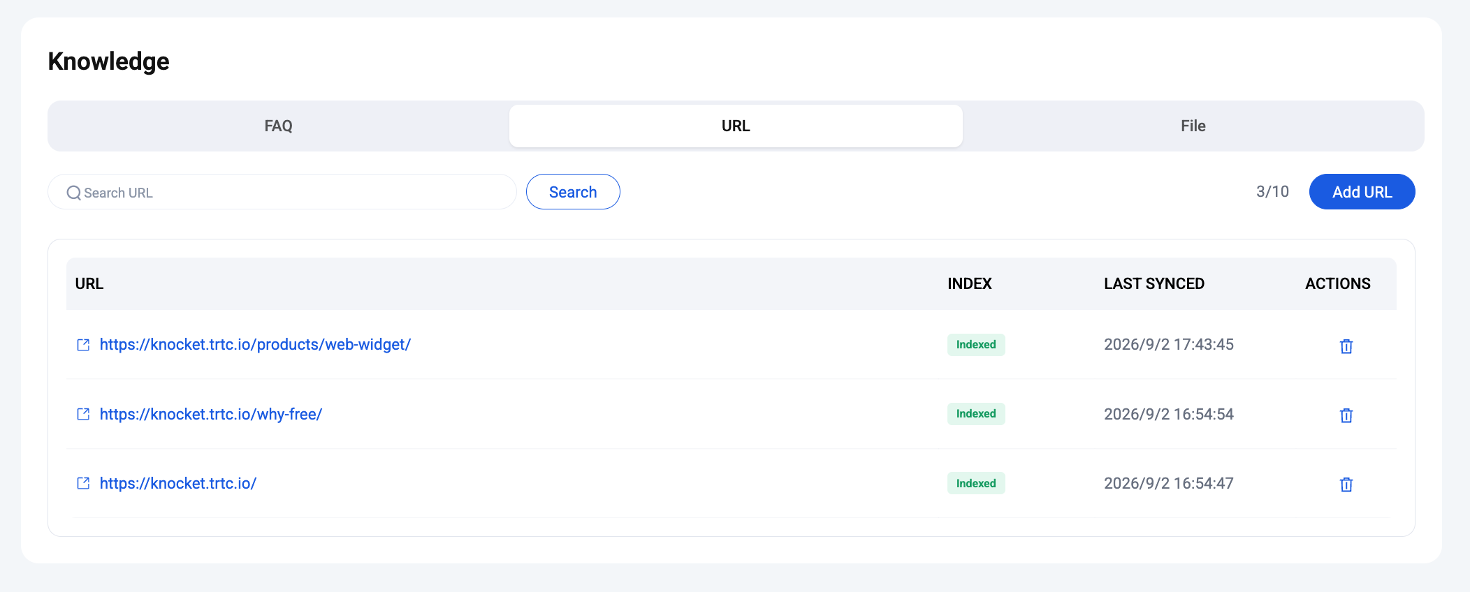 Knowledge page — URL tab active, with Add URL button and three indexed rows: knocket.trtc.io/products/web-widget, /why-free, and root domain, each with an Indexed badge and Last Synced timestamp