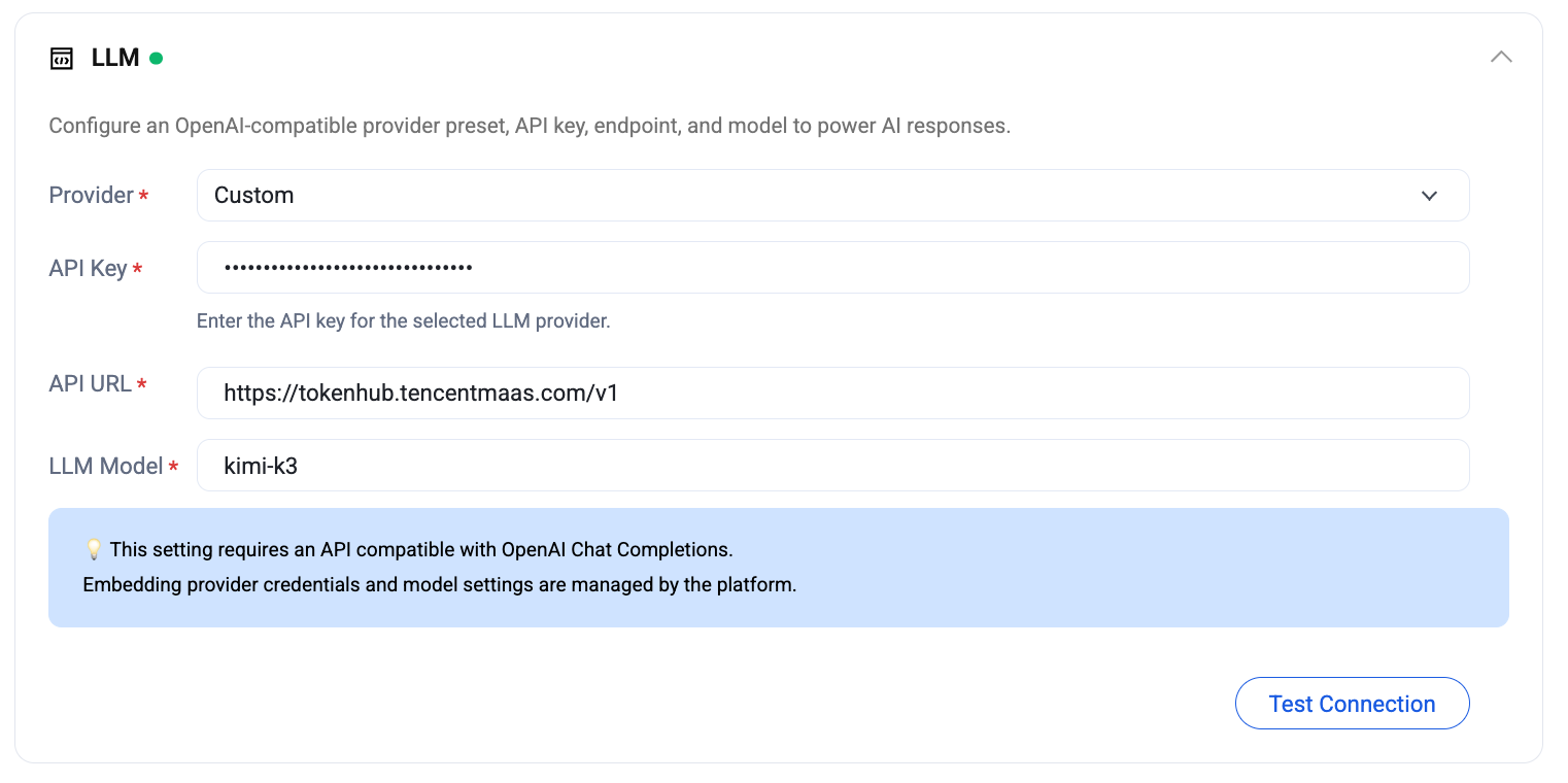 Setting page — LLM card with Provider dropdown (Custom), API Key (masked), API URL (https://tokenhub.tencentmaas.com/v1), LLM Model (kimi-k3), OpenAI-compatible notice, and Test Connection button