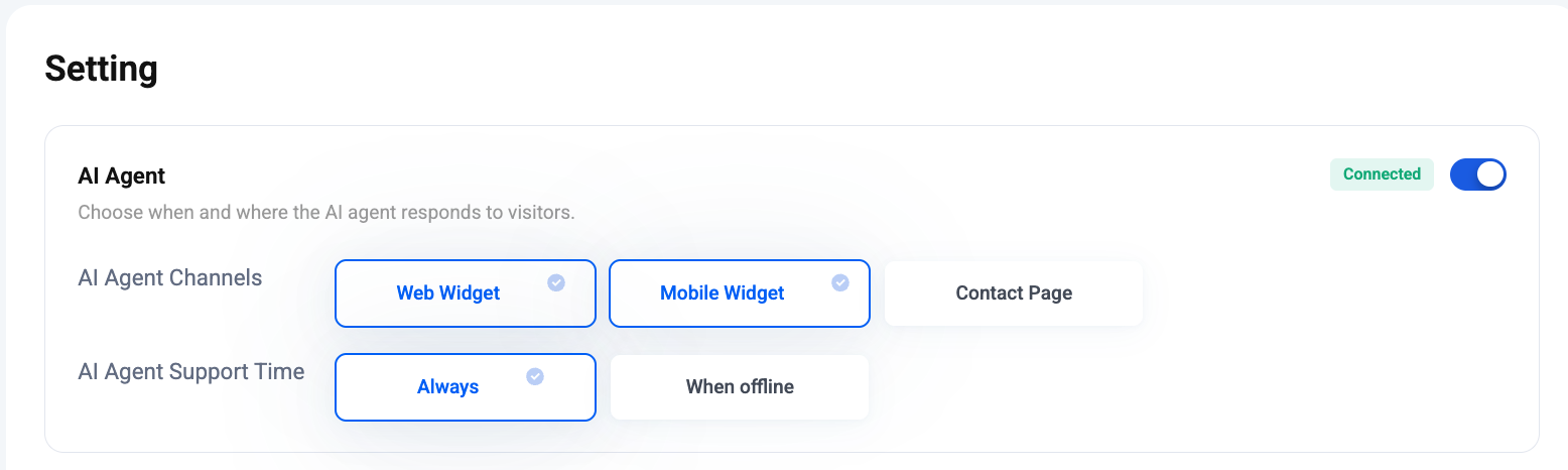 Setting page — AI Agent card with Connected badge, AI Agent Channels (Web Widget, Mobile Widget, Contact Page) and AI Agent Support Time (Always, When offline)