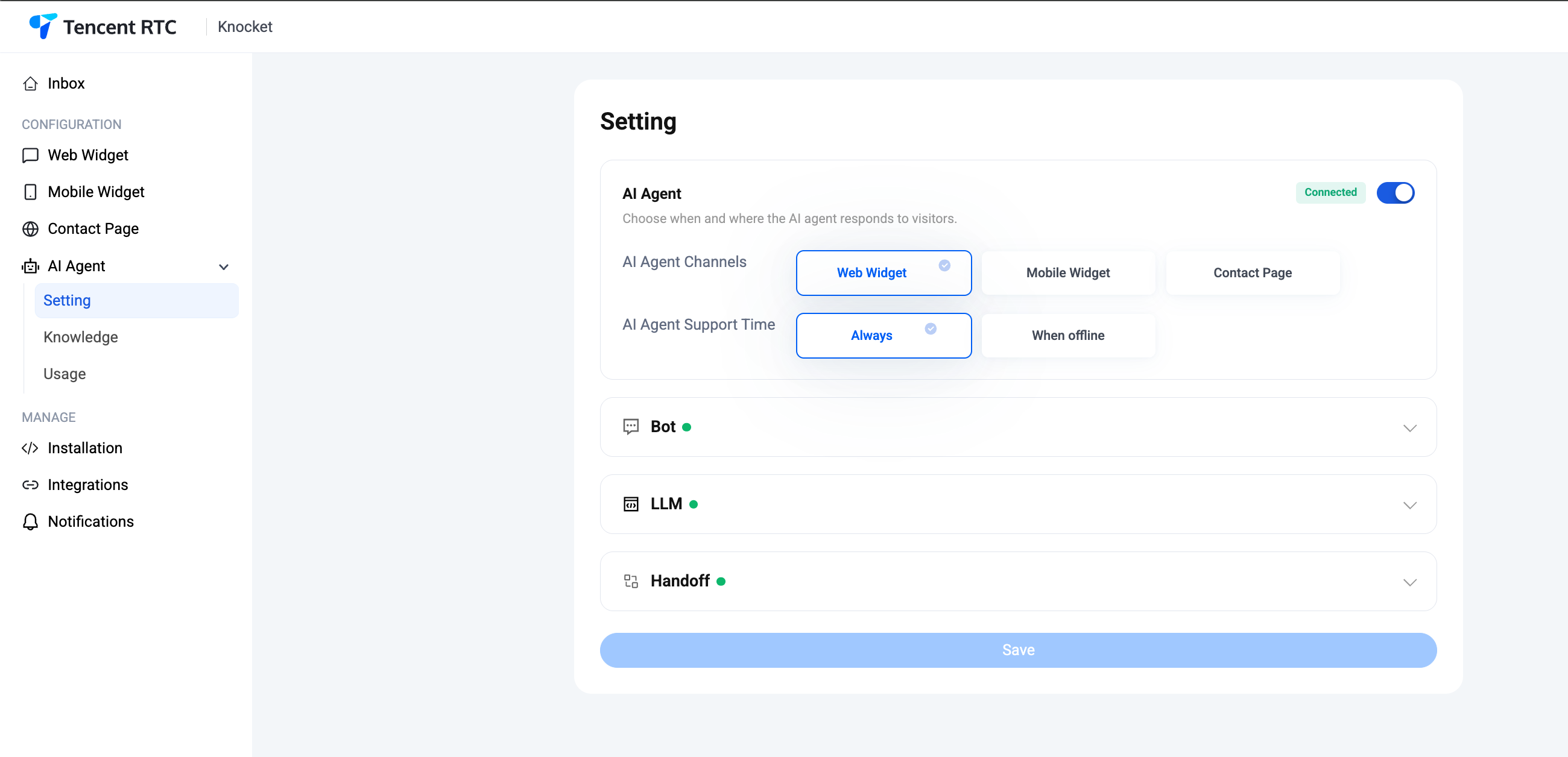 Knocket console — left sidebar with AI Agent expanded to Setting / Knowledge / Usage, and the Setting page open with the AI Agent card visible on the right