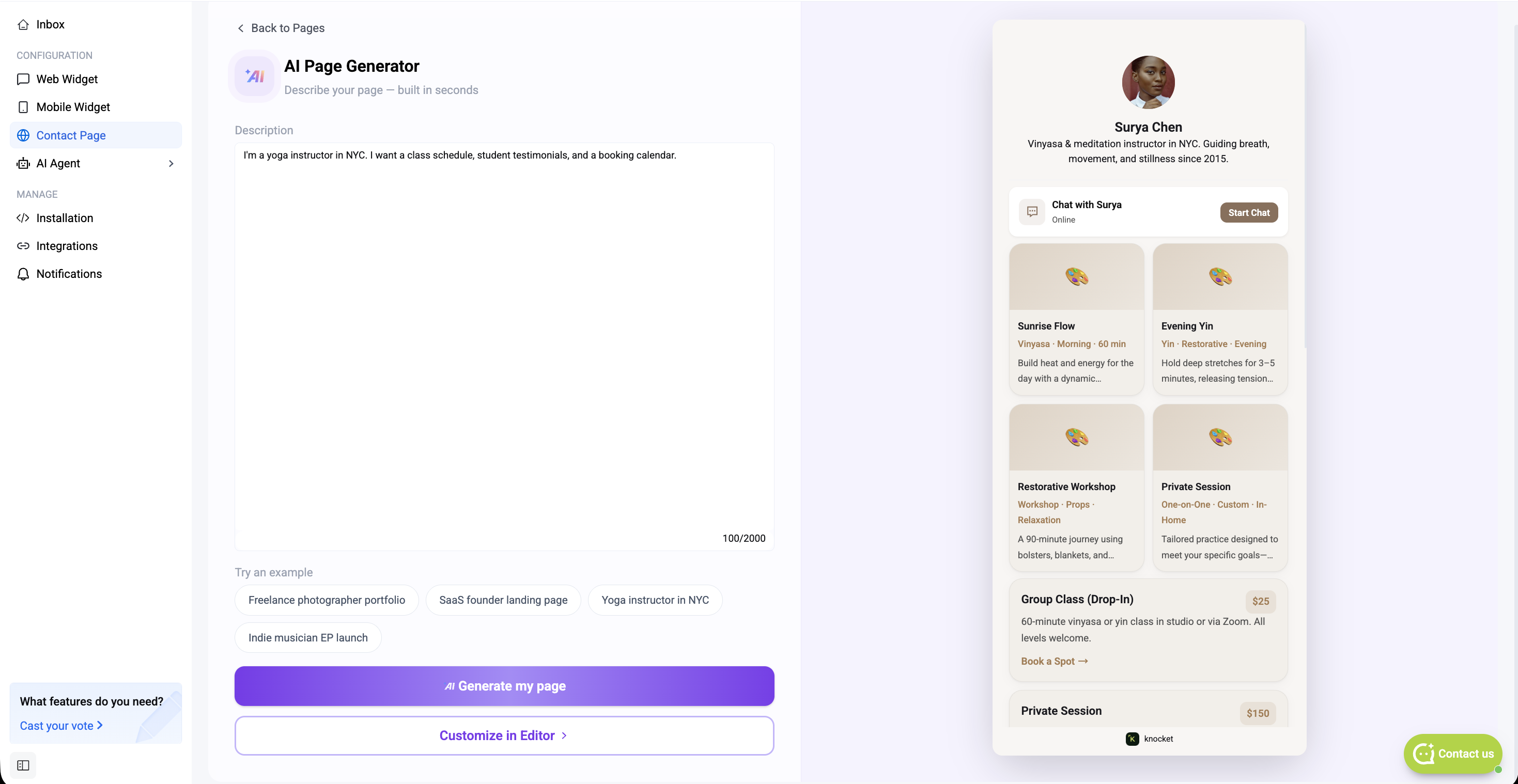 Contact Page — AI Page Generator preview after generating a yoga instructor page