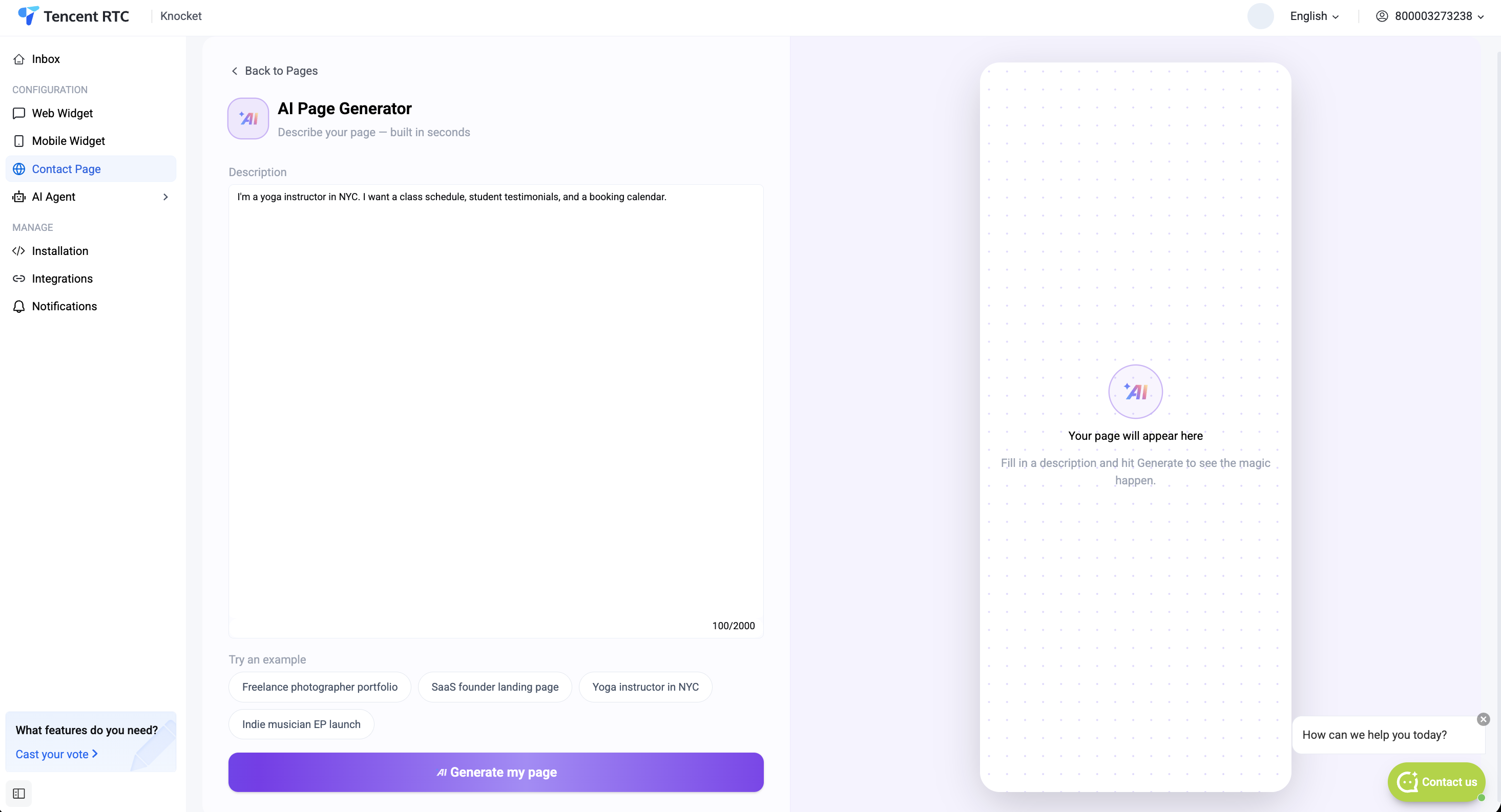 Contact Page — AI Page Generator with description field and example prompts