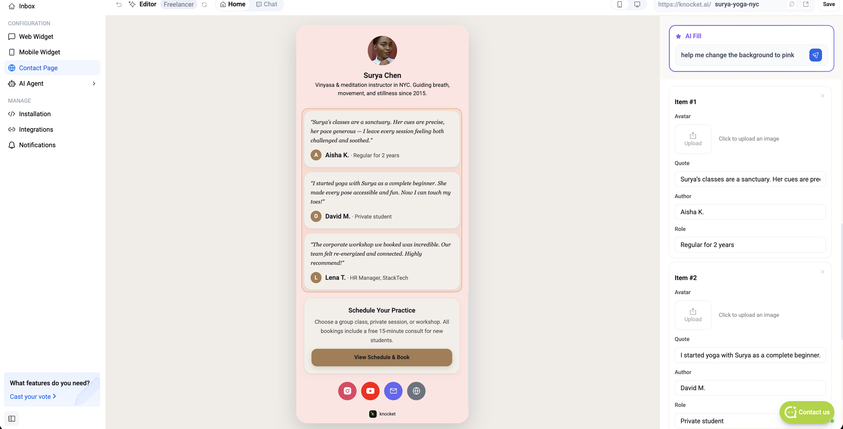 Contact Page — Testimonial block detail panel showing per-item Avatar, Quote, Author, and Role fields
