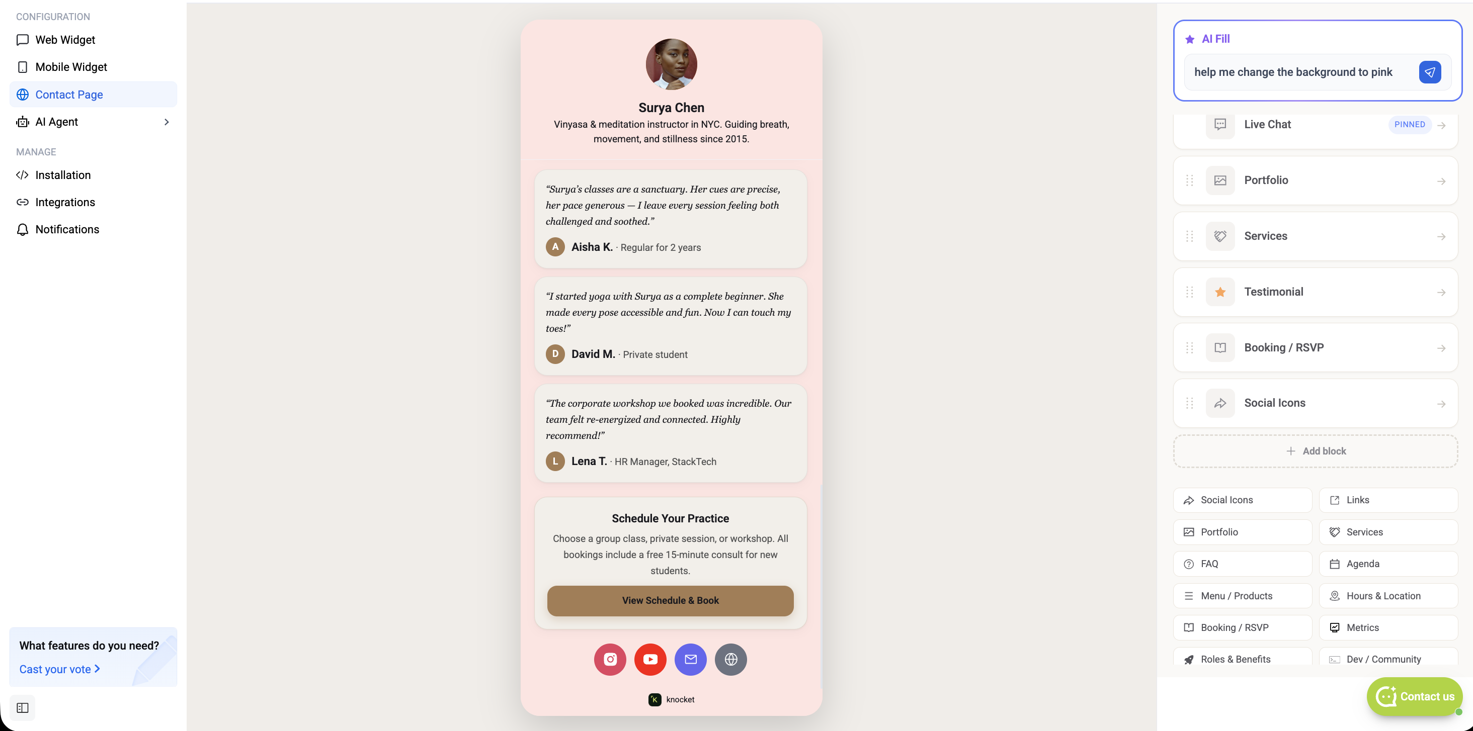 Contact Page — block list on the right with drag handles, Add block button, and the full block library grid