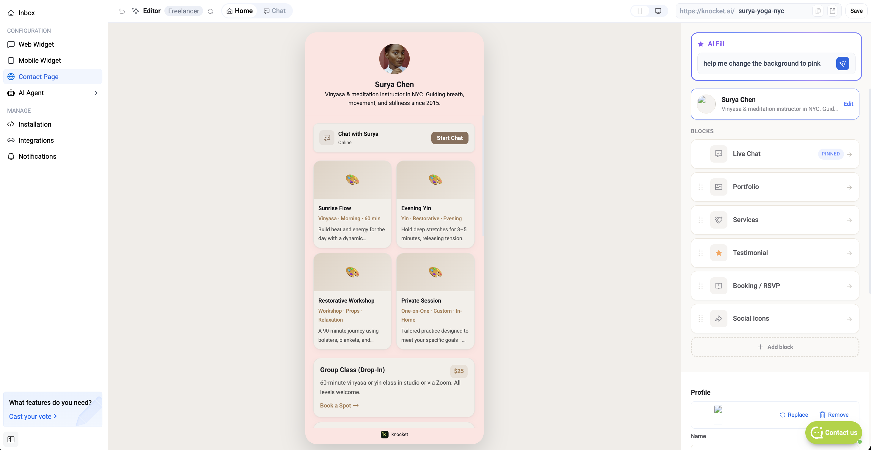 Contact Page — an AI-generated page opened in the editor with all blocks pre-populated