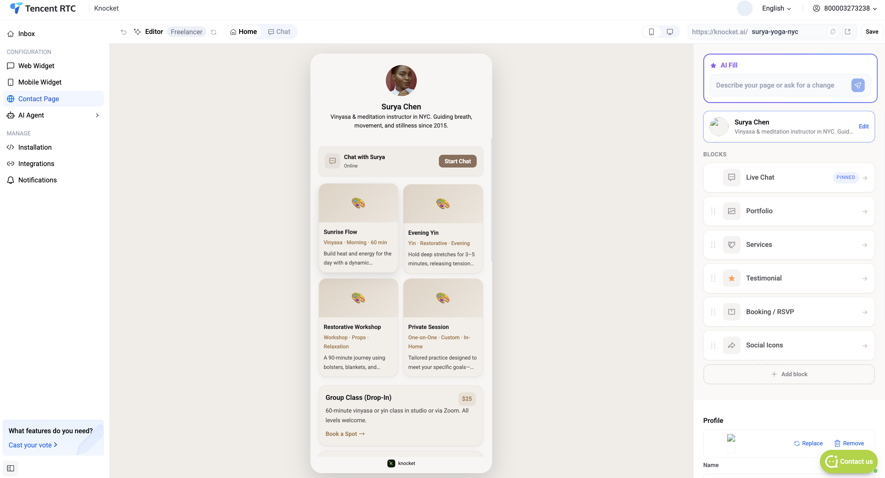 Contact Page — block editor showing the page preview in the middle and the block list on the right