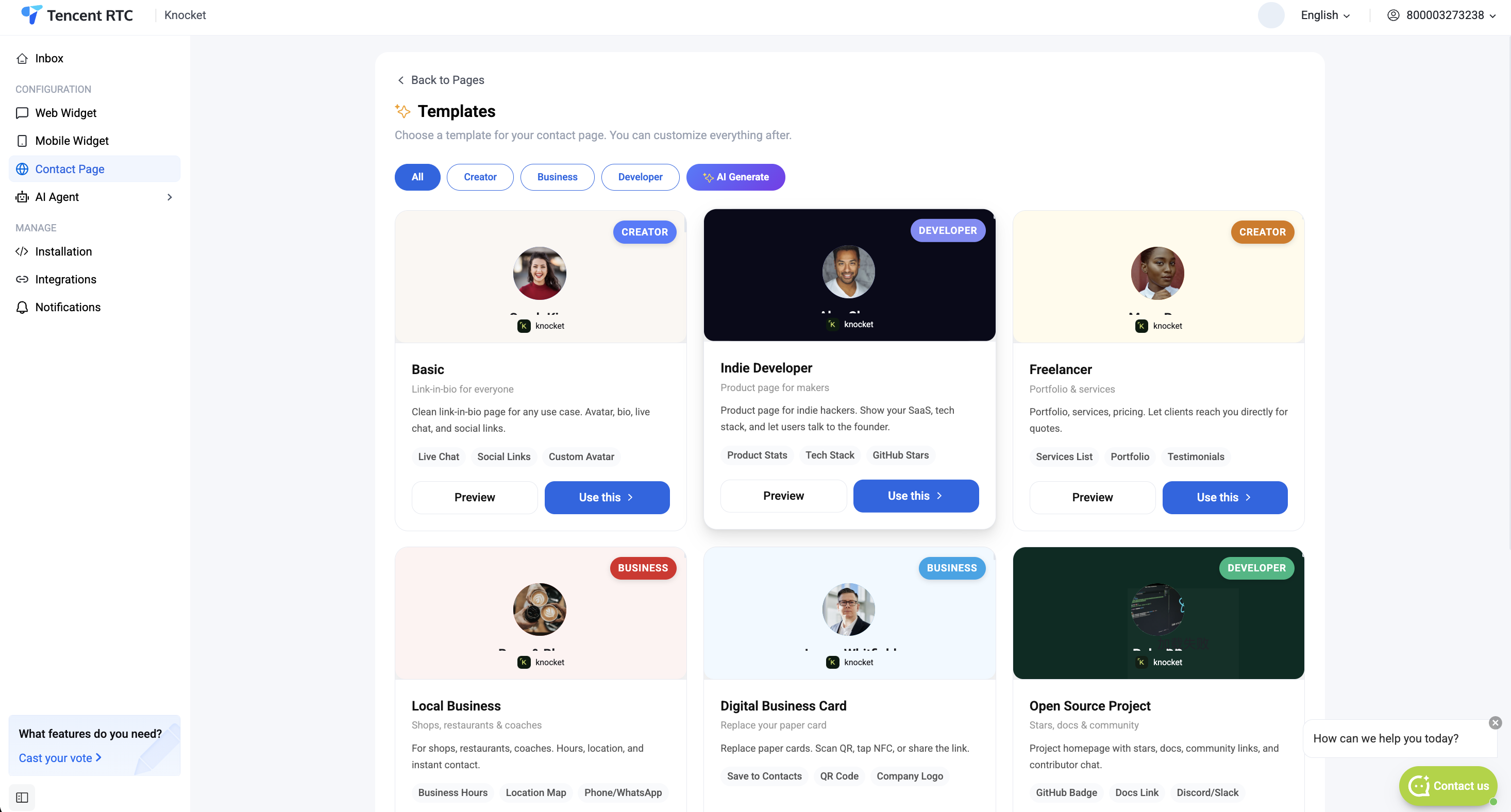 Contact Page — Templates gallery with Creator, Business, Developer, and AI Generate filters