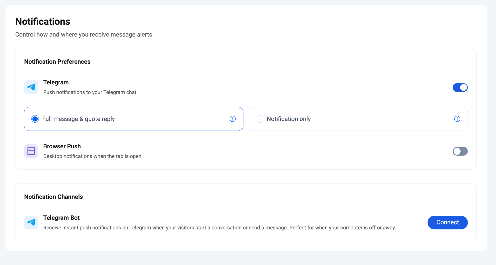 Knocket 控制台 — 包含 Telegram 推送的通知页面、完整模式与仅通知模式、浏览器推送开关，以及 Telegram 机器人连接卡片
