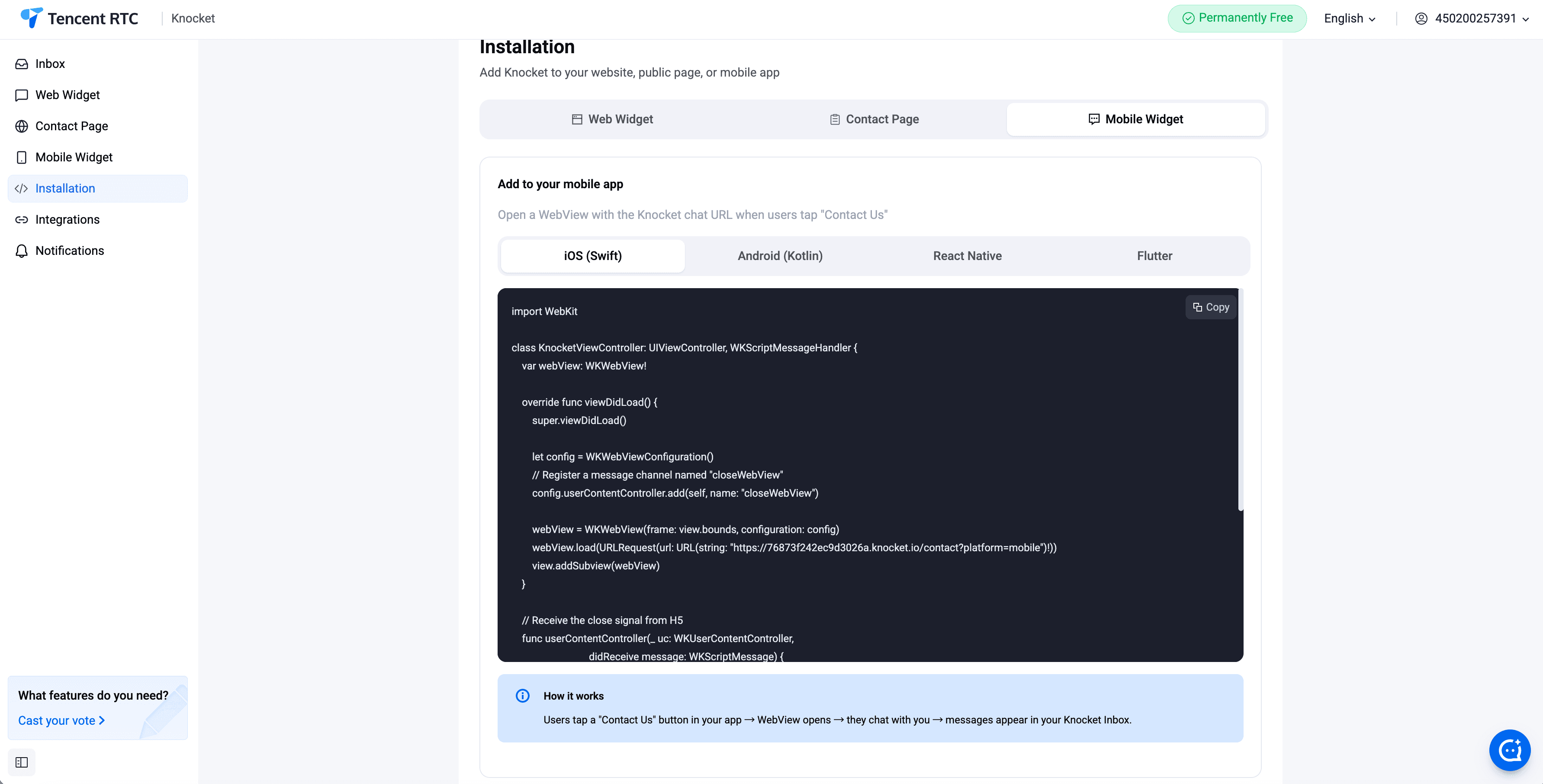 Mobile Widget — iOS installation instructions in the console