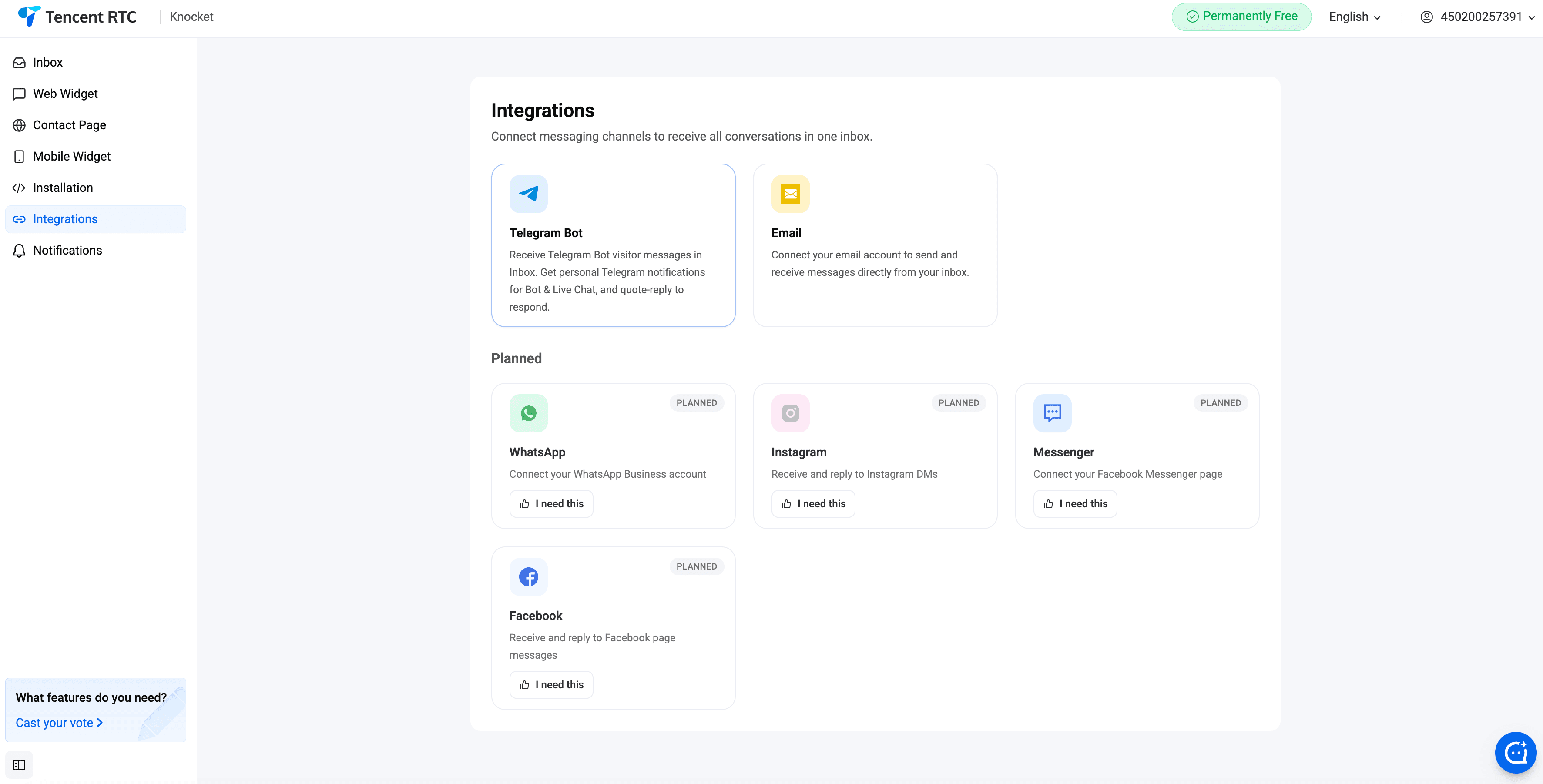 Integrations — Telegram integration screen in the Knocket console
