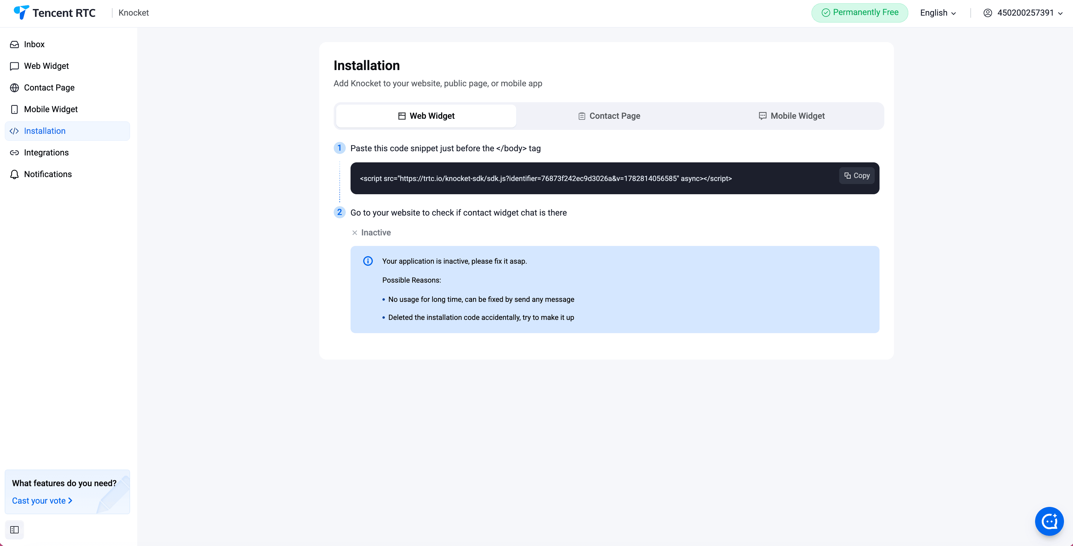 Web Widget — Installation panel with the copy-paste snippet