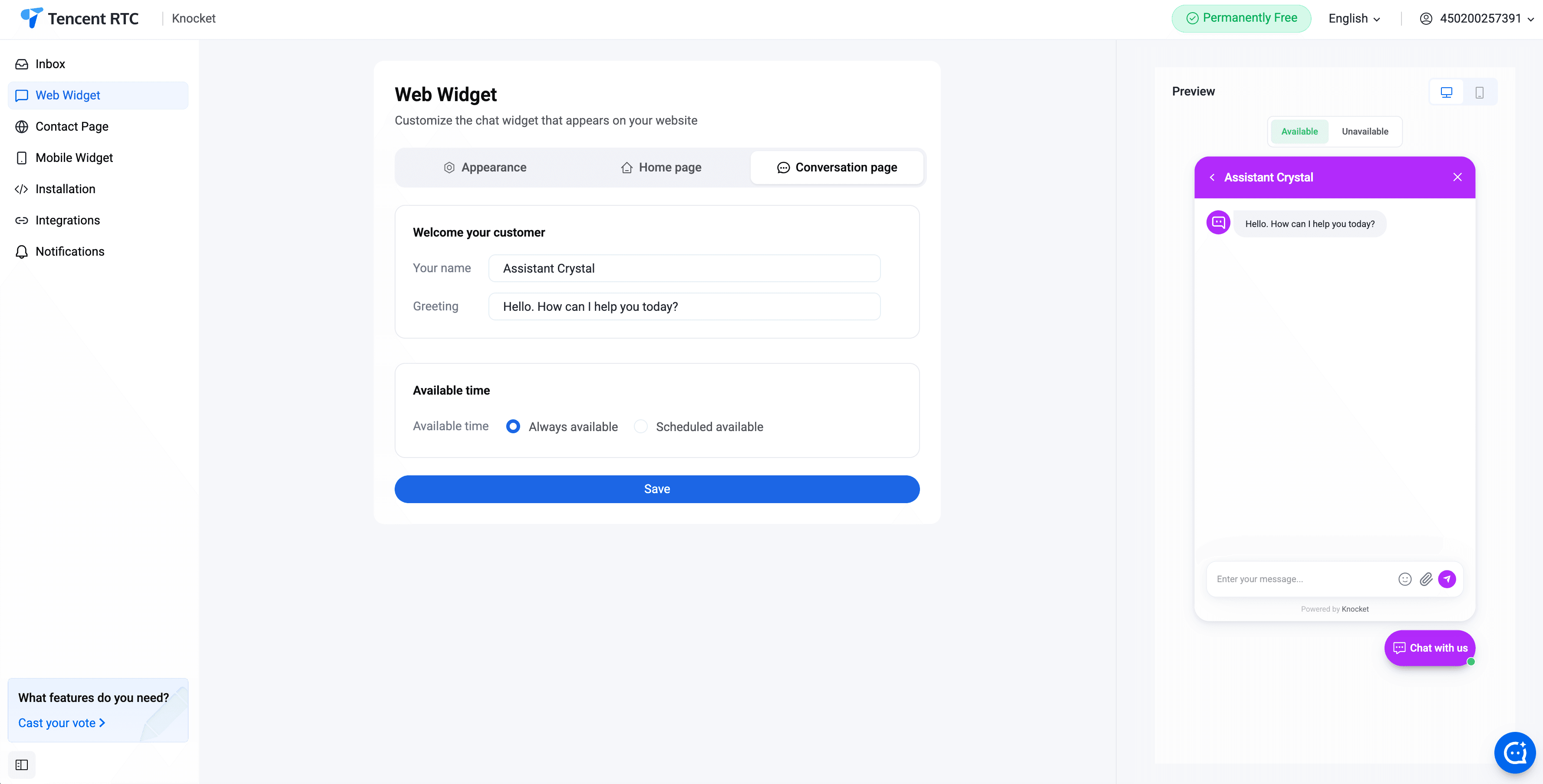 Web Widget — editing the chat page with proactive greeting enabled