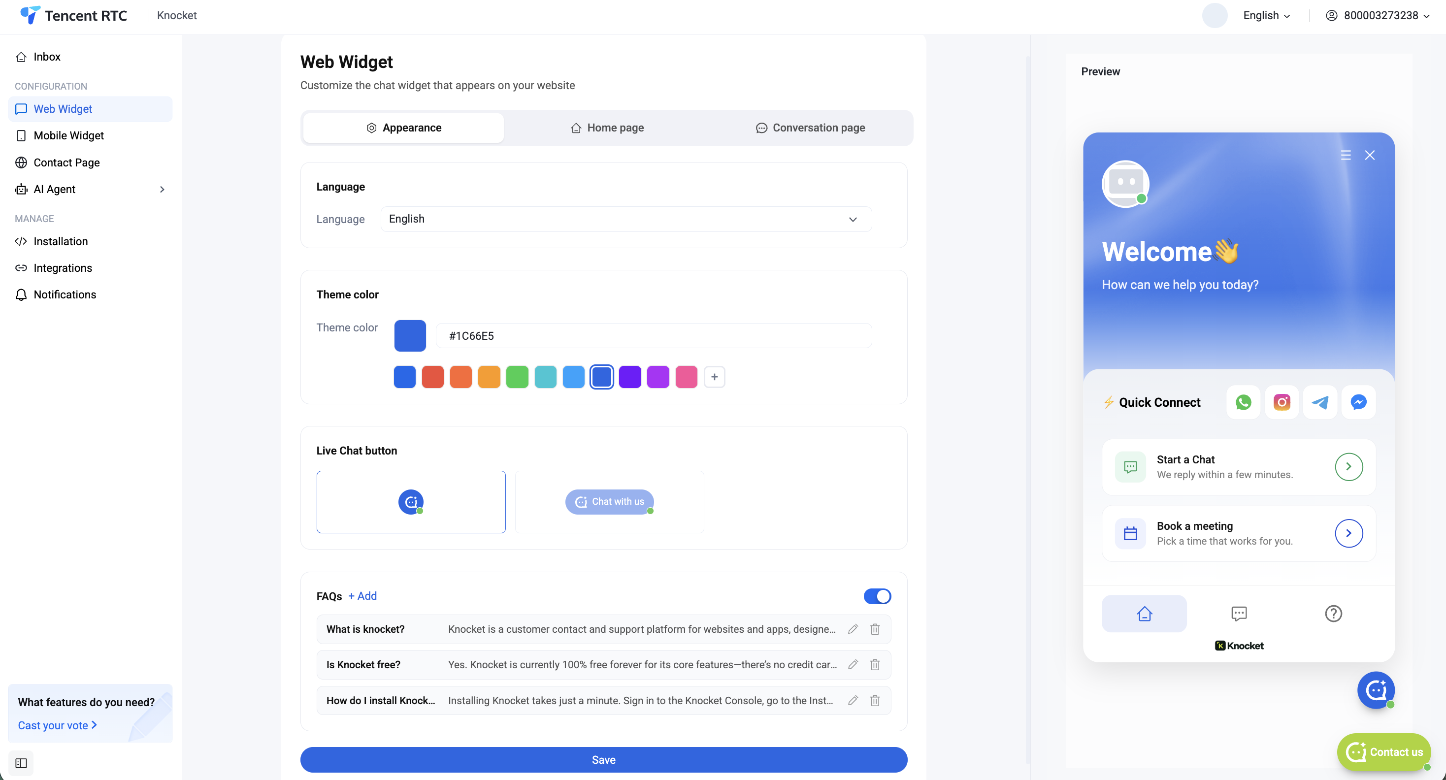 Knocket console — Web Widget Appearance tab with theme color, live chat button, and FAQs