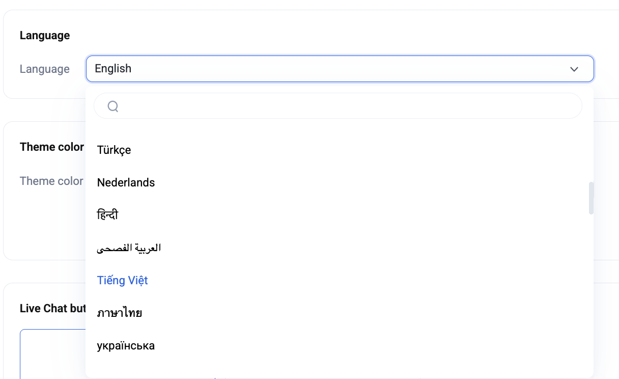 Knocket console — Language dropdown showing Türkçe, Nederlands, हिन्दी, العربية, Tiếng Việt, ภาษาไทย, українська