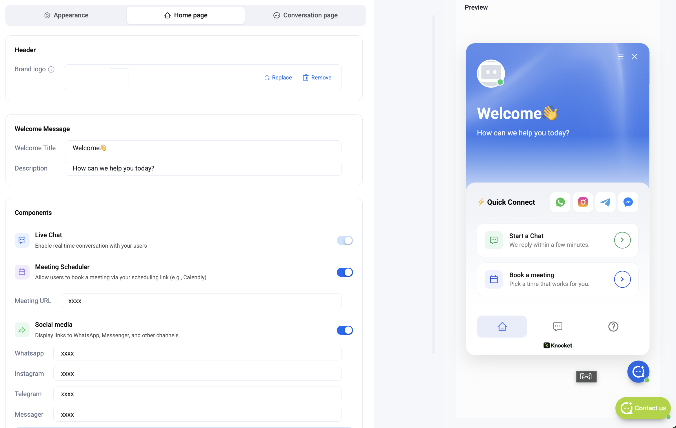 Knocket console — Home page tab: Header brand logo, Welcome Message, Components toggles for Live Chat, Meeting Scheduler, Social media