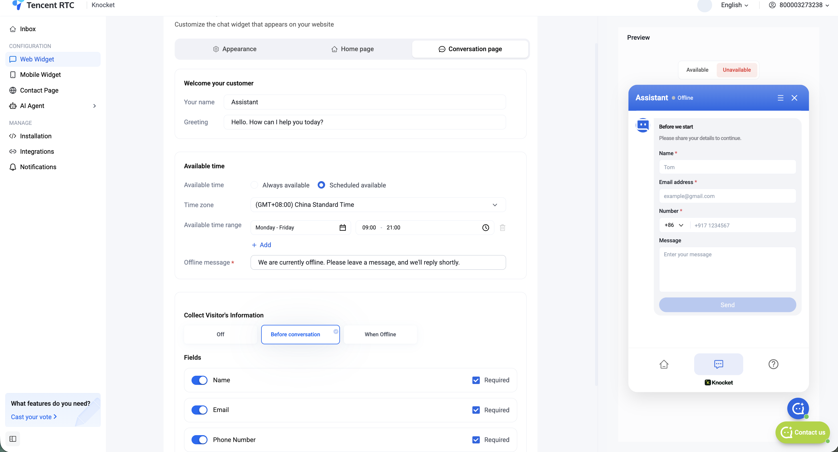 Knocket console — Conversation page tab: assistant name, greeting, available time, offline message, Collect Visitor's Information