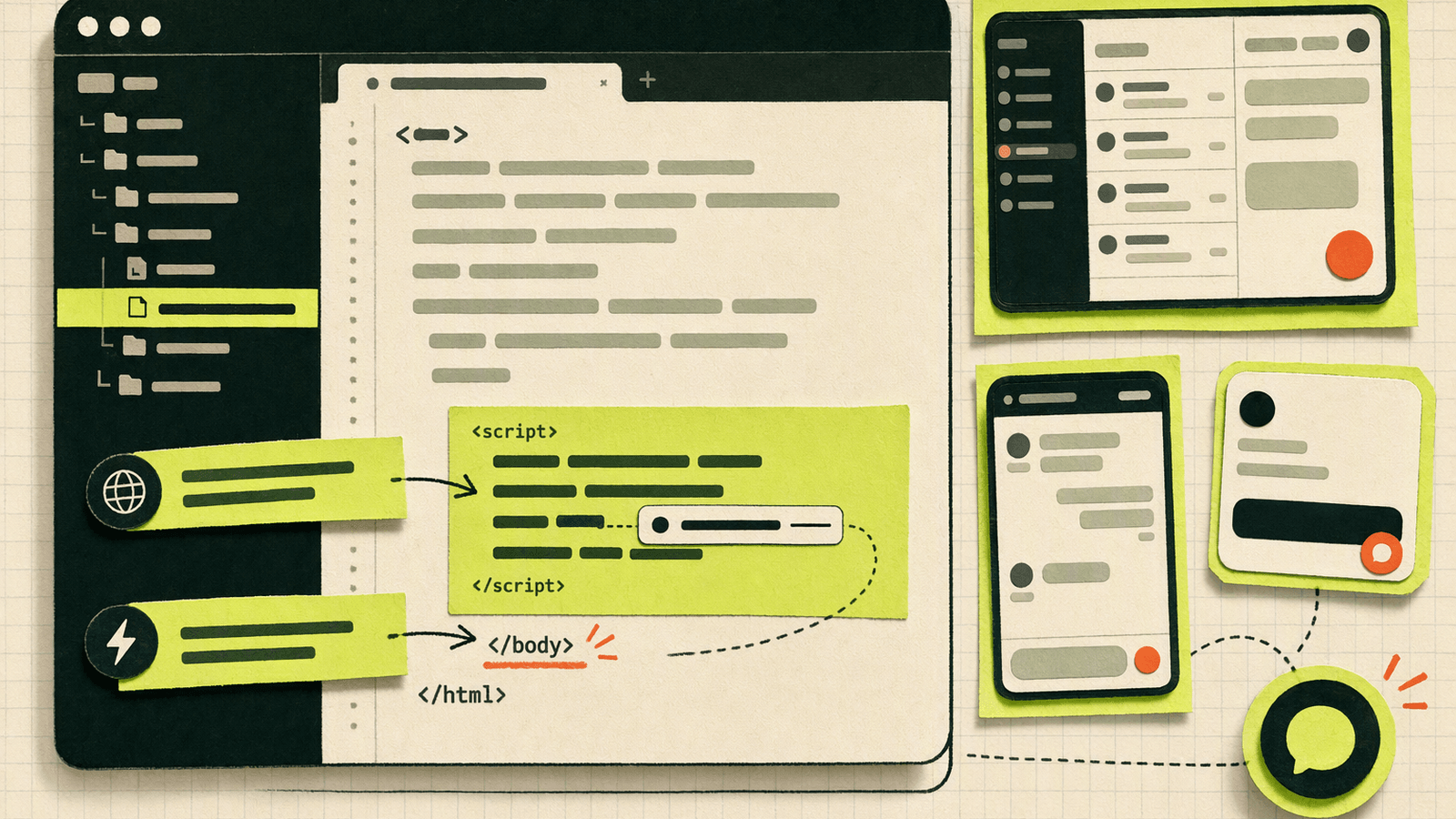 Code editor showing an Astro layout file with the chat script placed before the closing body tag.