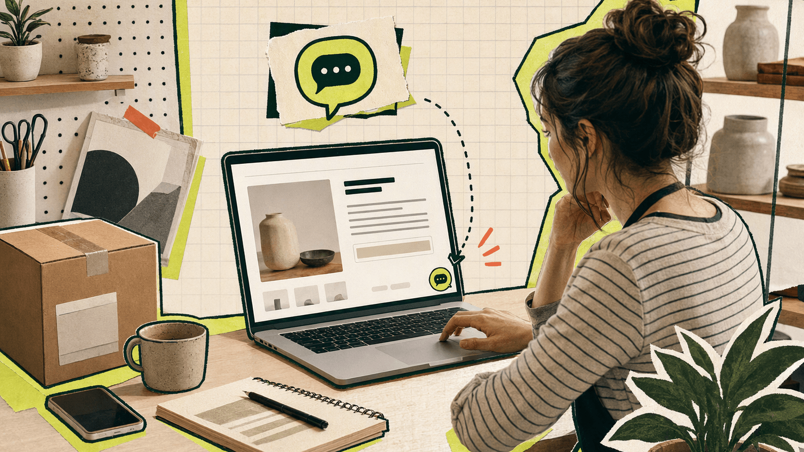 Shop owner reviewing a product page on a laptop with a small, unobtrusive chat widget visible.