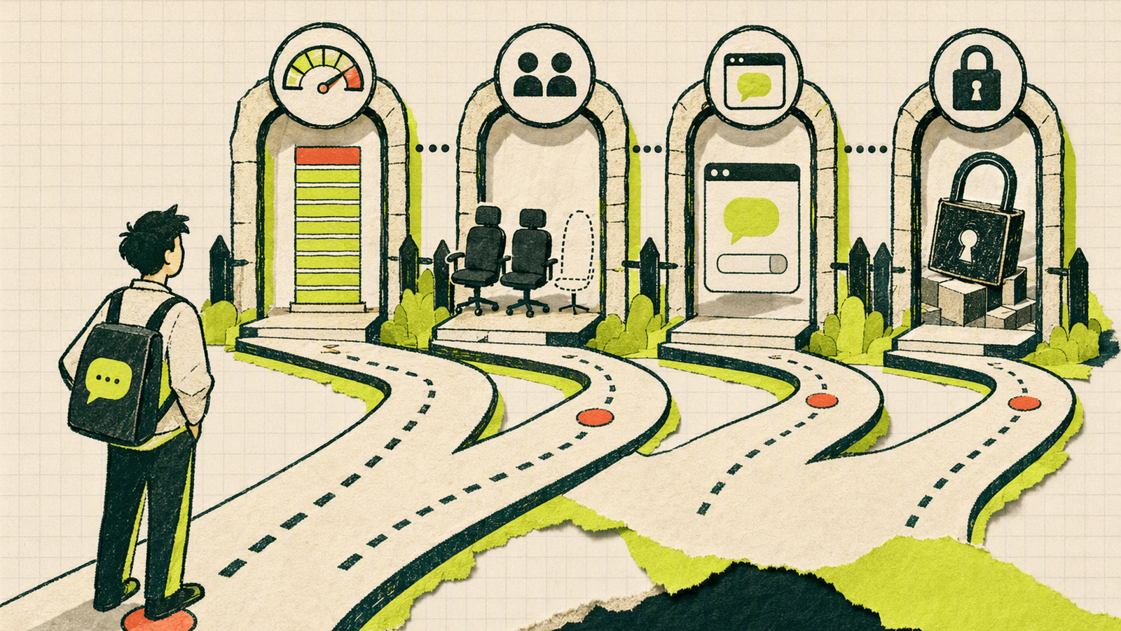 Four free-plan barriers represent chat caps, agent limits, provider ads, and features locked behind paid upgrades.