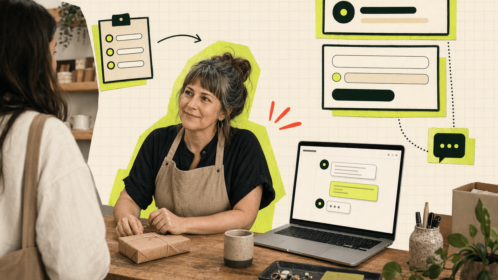 Small shop owner answering a customer question at a counter while a simple chat widget is open on a laptop nearby.