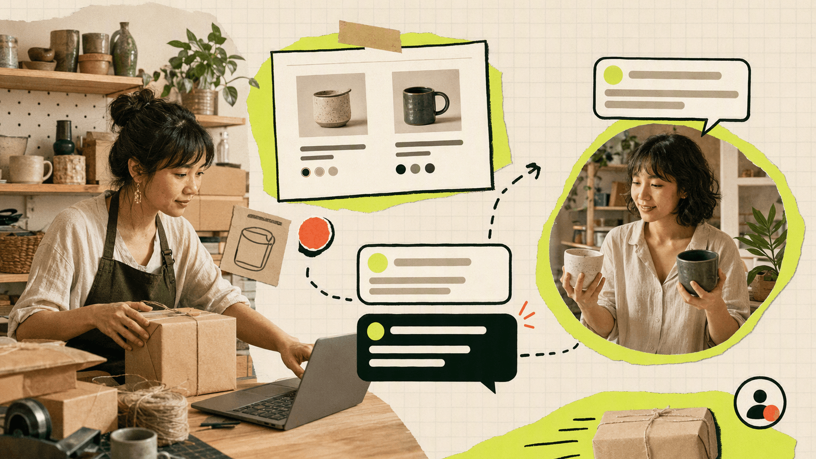 A small store owner answers a shopper’s product question while packing orders, helping the customer choose the right item before purchase.