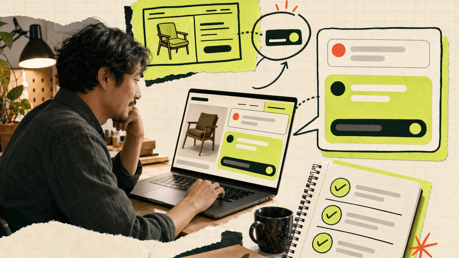 Solo founder answering a website visitor from a small workspace while monitoring one clear notification and the customer’s page context.