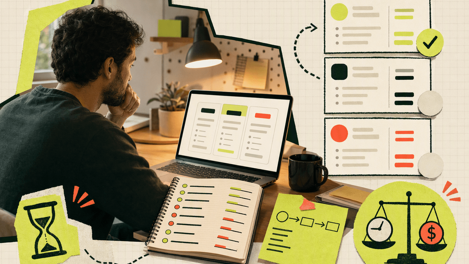 Indie founder at a small desk reviewing support tool costs while planning which customer contact option fits their budget.
