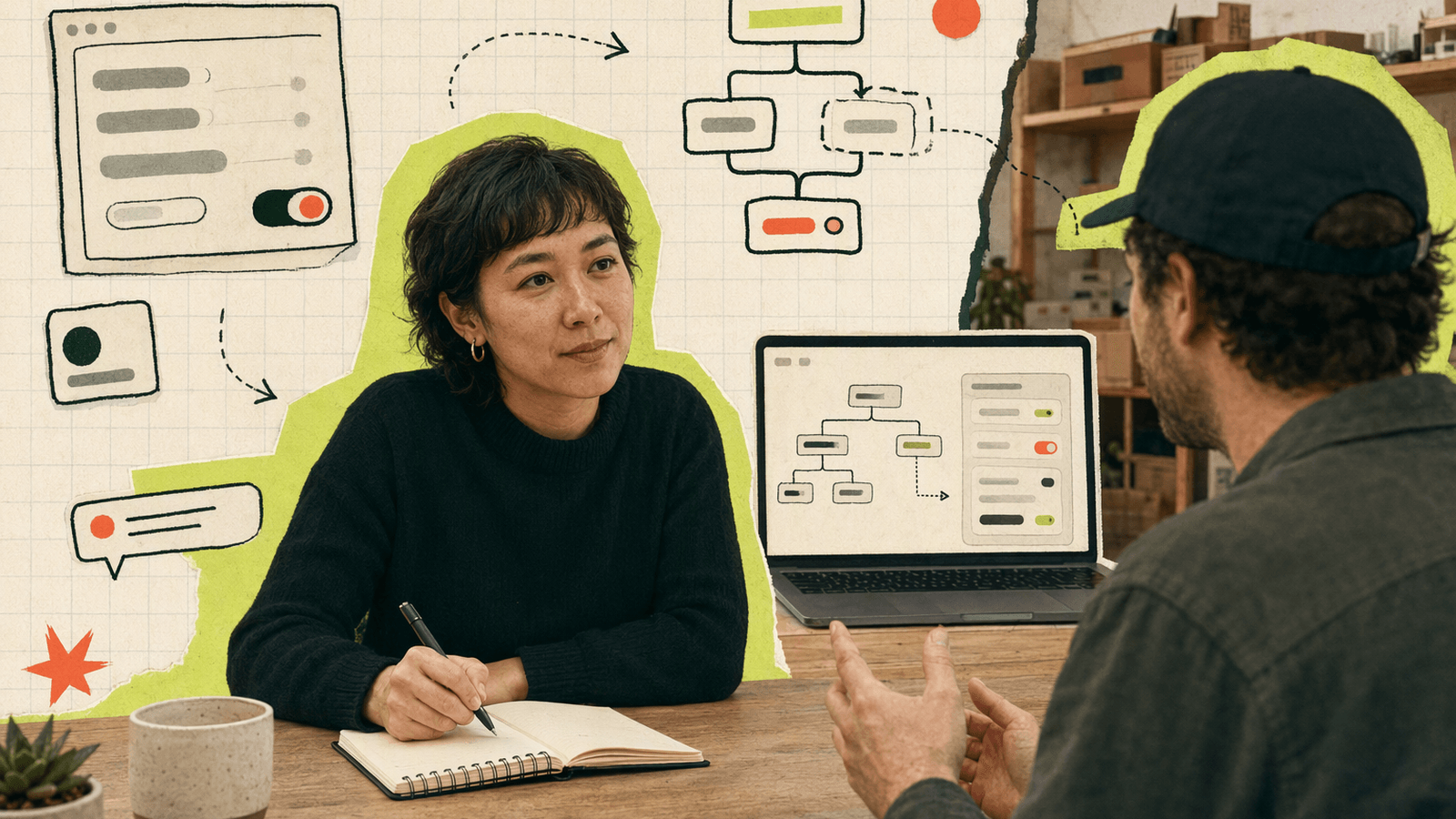 A startup founder speaks with a customer while an overly complex sales automation setup sits unused on a nearby screen.