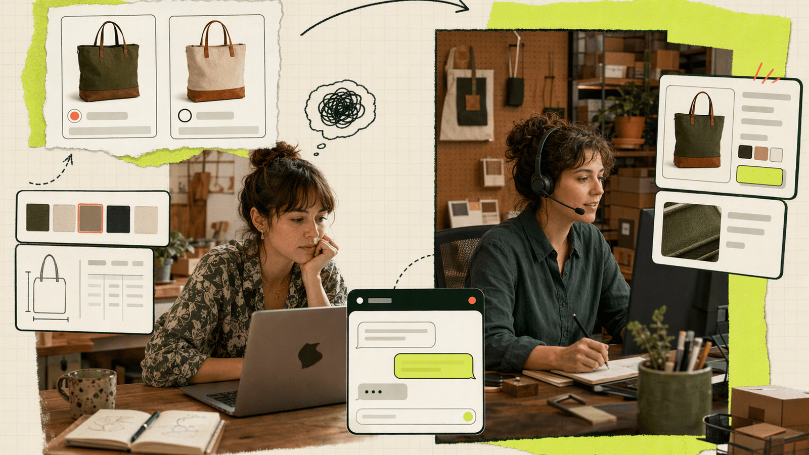 Shopper comparing products on a laptop while a store support operator helps answer a sizing question in real time.