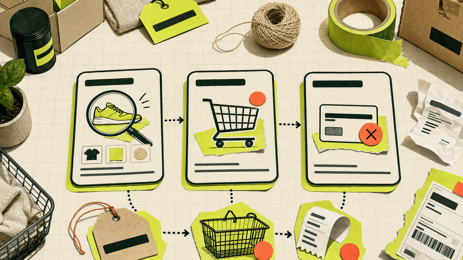 Three ecommerce support moments shown as product discovery, saved cart, and checkout assistance at a small shop workspace.