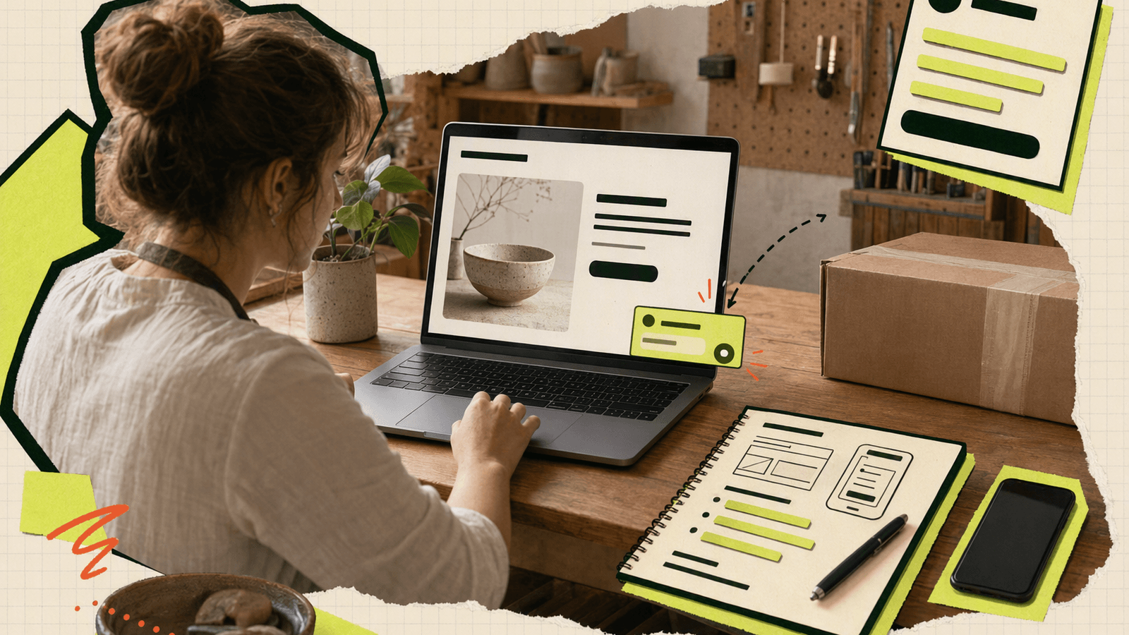 Small business owner checks chat widget placement on a website preview to avoid covering key page content.