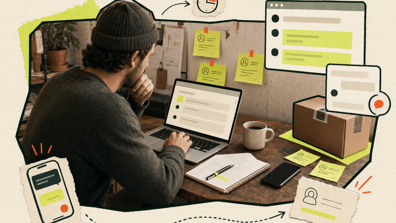 Solo founder reviewing customer messages at a small desk, weighing simpler support tools instead of a complex enterprise setup.