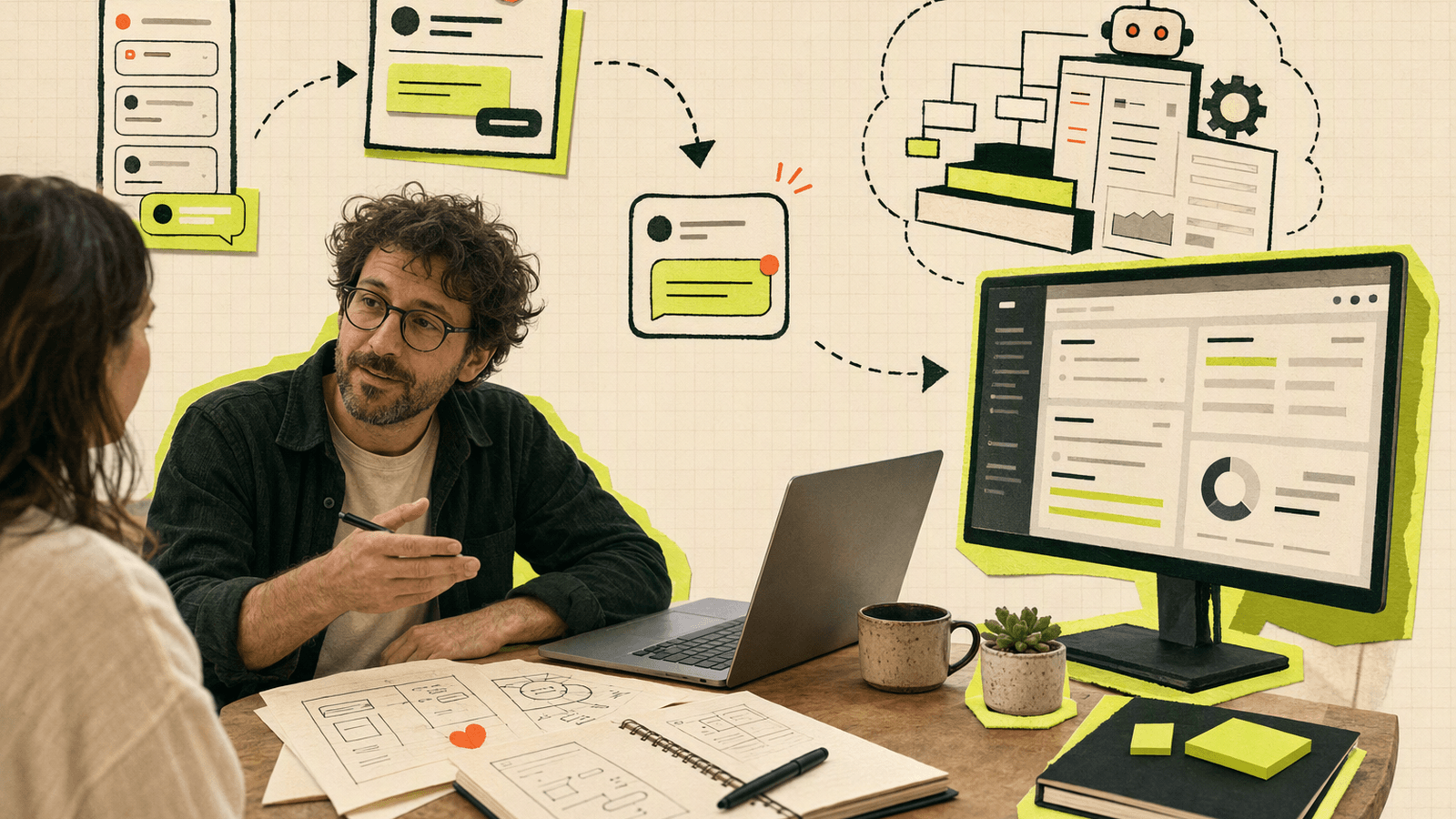 Solo founder speaking with an early user while a complex support platform sits unused on a nearby screen.